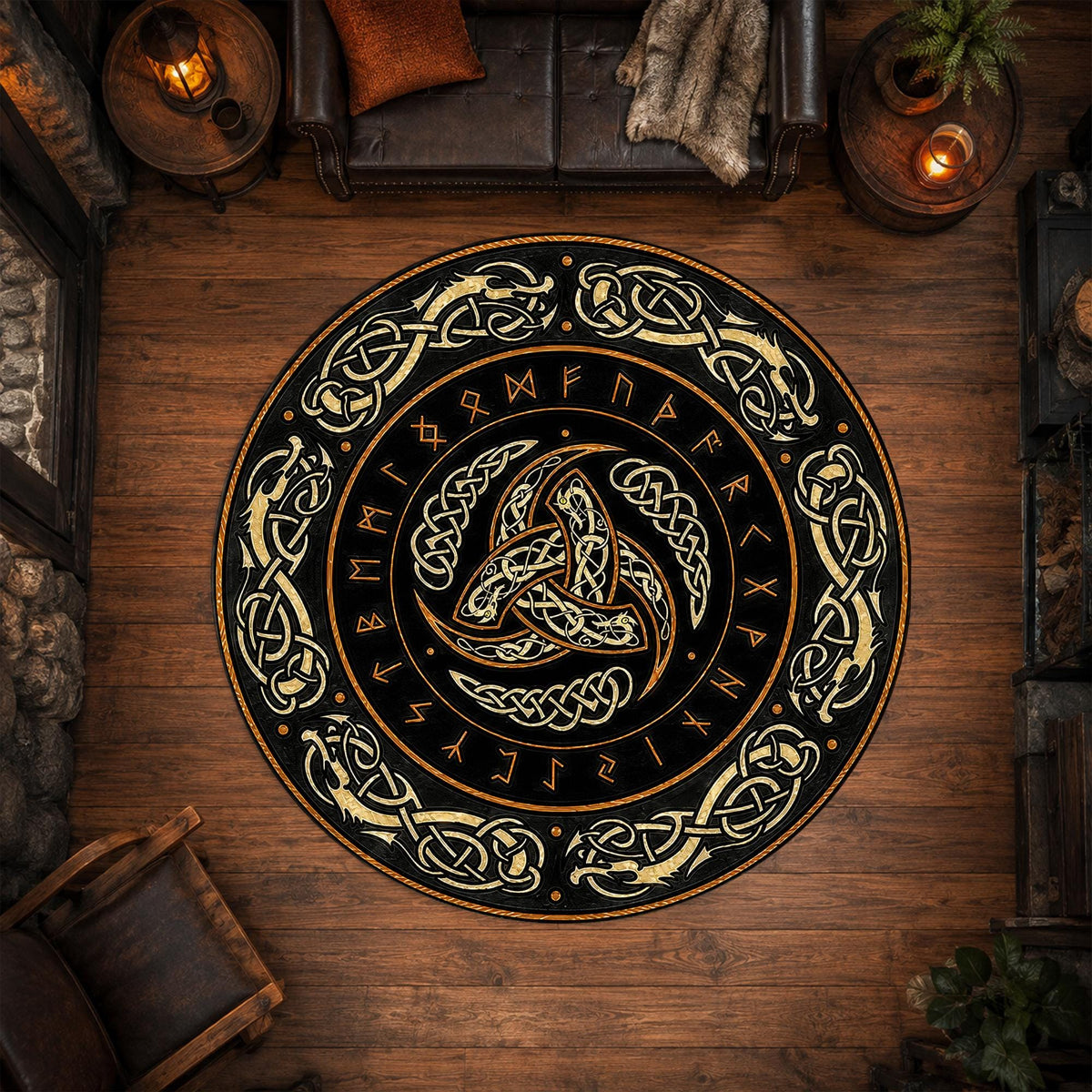 Viking Odin Rug - Viking Round Rug, Norse Mythology Area Rug, Runic Circle Floor Mat, Horn of Odin