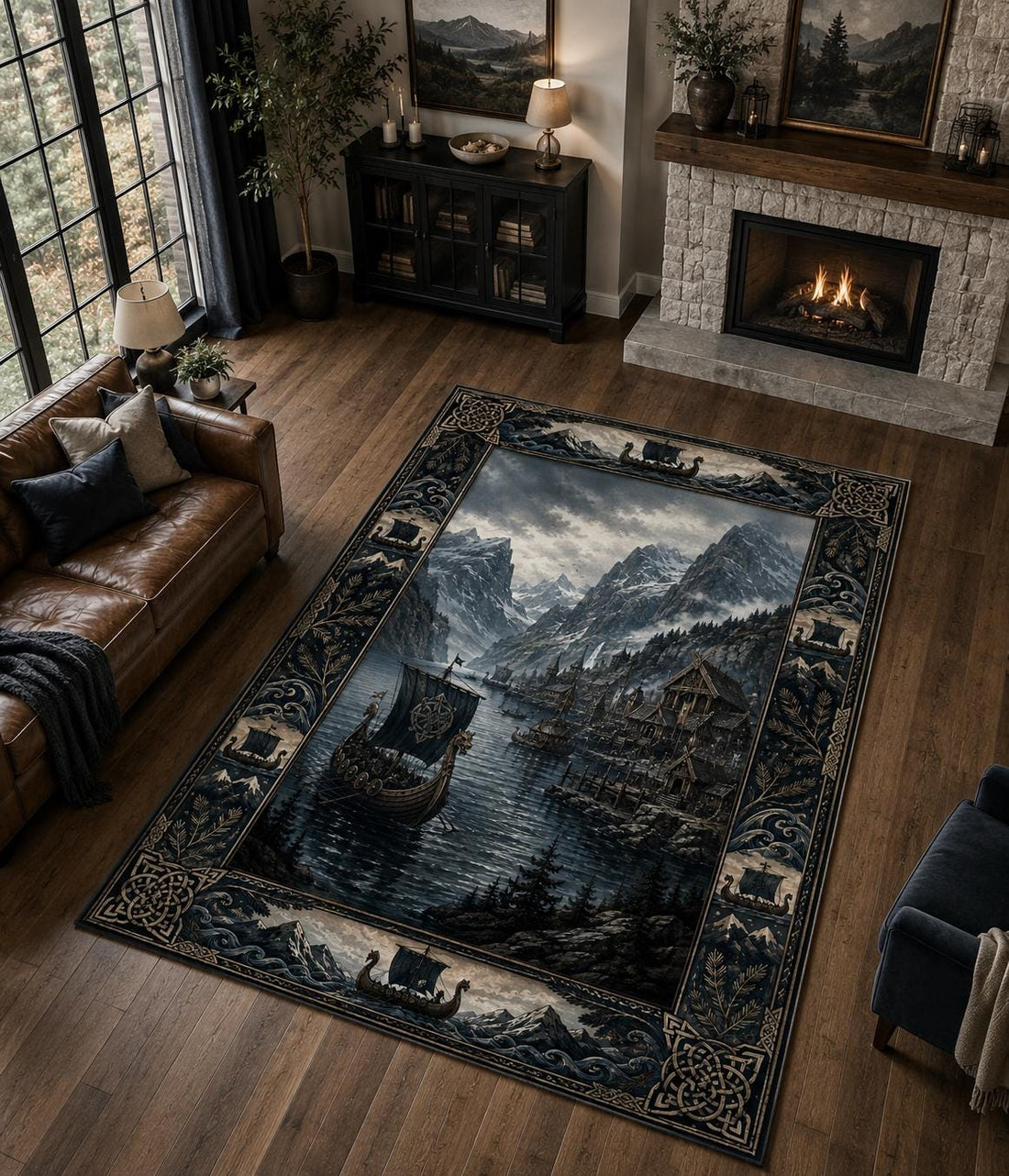 Viking Longship Rug - Viking Fjord Rug, Nordic Longship Mountain Landscape, Norse Celtic Area Rug