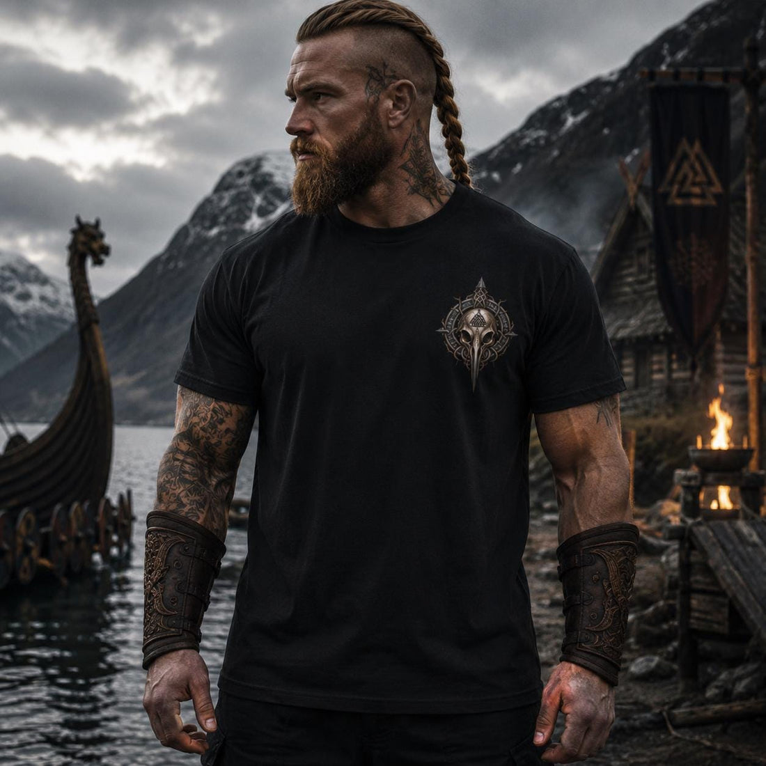 Viking Raven T-Shirt - Raven Skull Viking T-Shirt, Norse Runes Graphic Tee