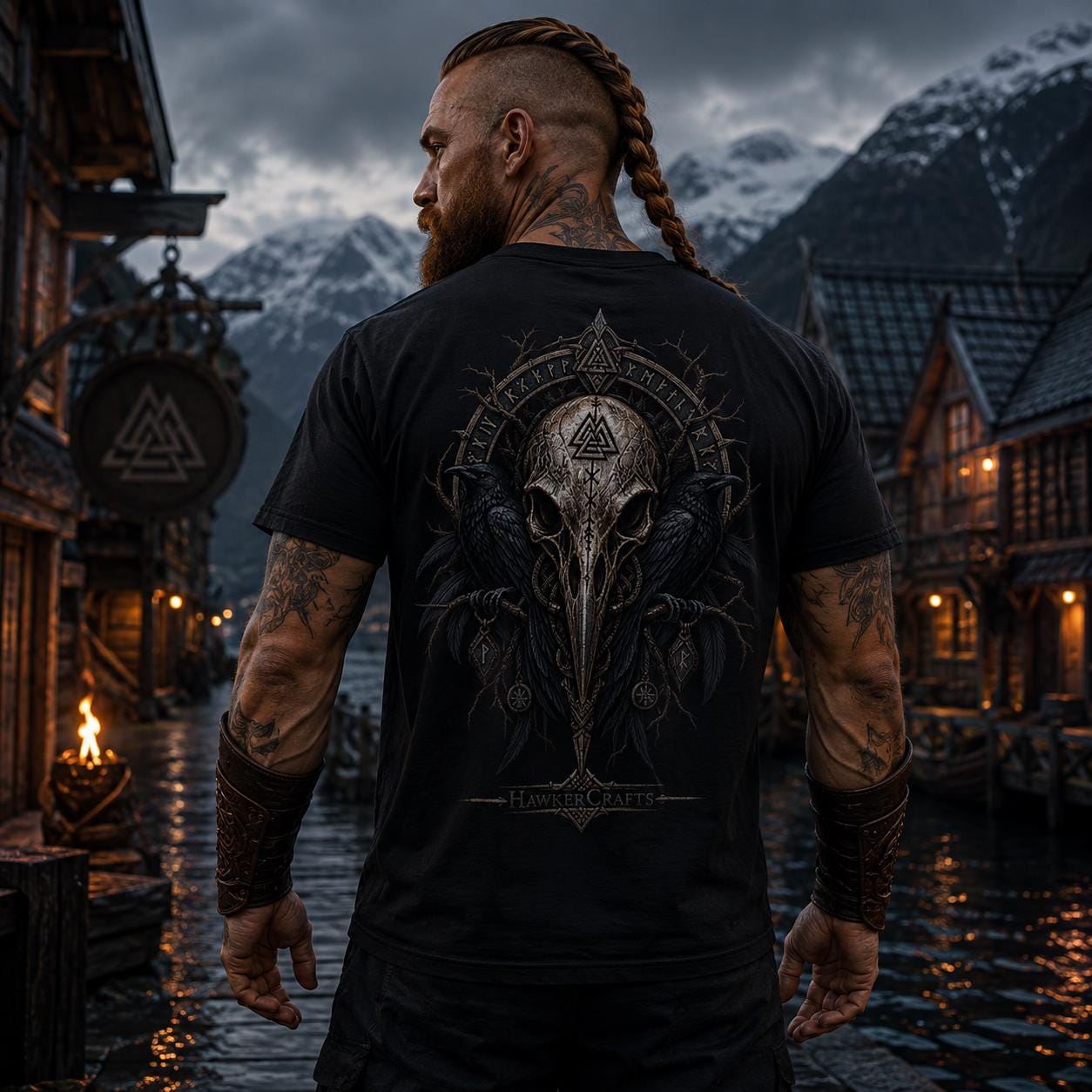 Viking Raven T-Shirt - Raven Skull Viking T-Shirt, Norse Runes Graphic Tee
