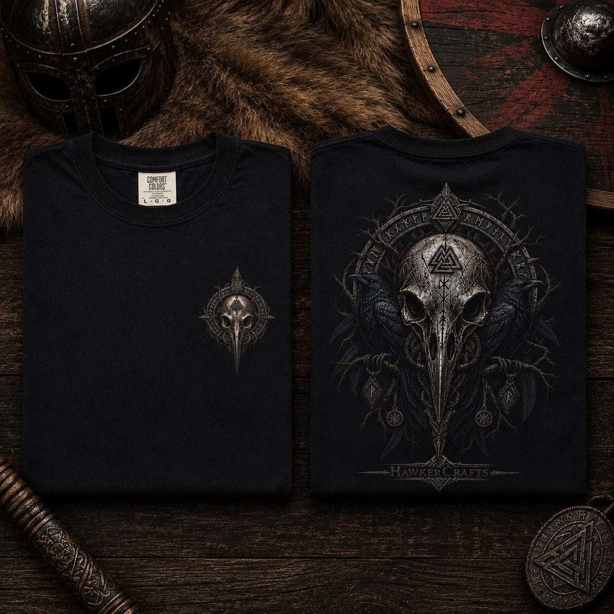 Viking Raven T-Shirt - Raven Skull Viking T-Shirt, Norse Runes Graphic Tee