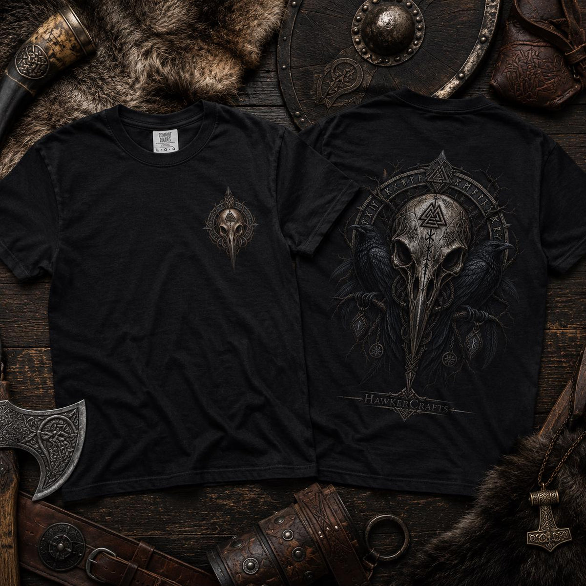 Viking Raven T-Shirt - Raven Skull Viking T-Shirt, Norse Runes Graphic Tee