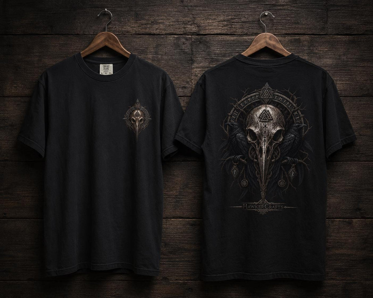 Viking Raven T-Shirt - Raven Skull Viking T-Shirt, Norse Runes Graphic Tee