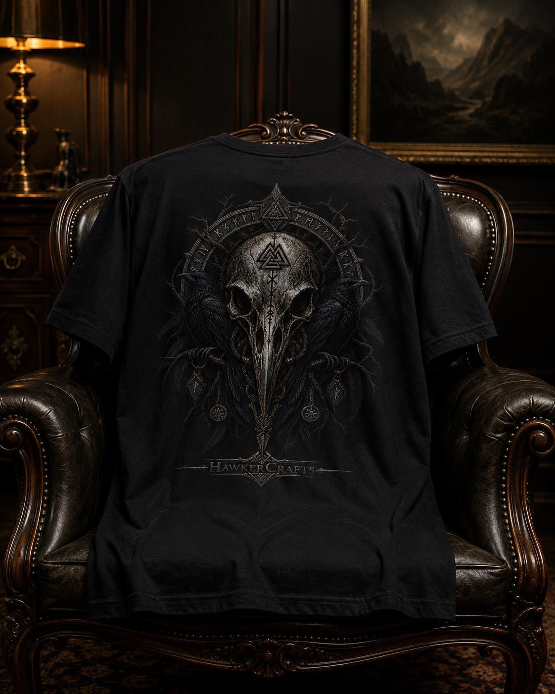 Viking Raven T-Shirt - Raven Skull Viking T-Shirt, Norse Runes Graphic Tee