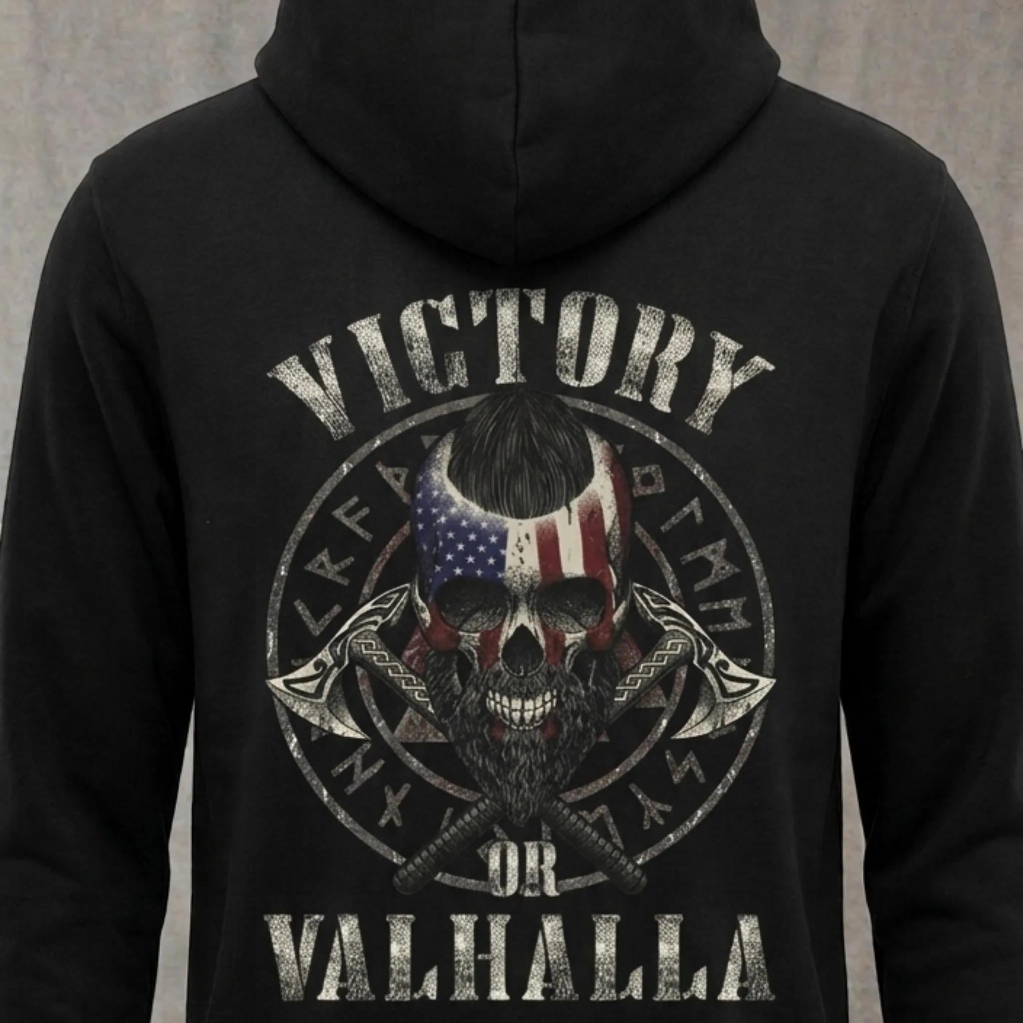 Viking Valhalla Hoodie - Victory Or Valhalla - Distressed American Viking Skull Hoodie: Patriotic