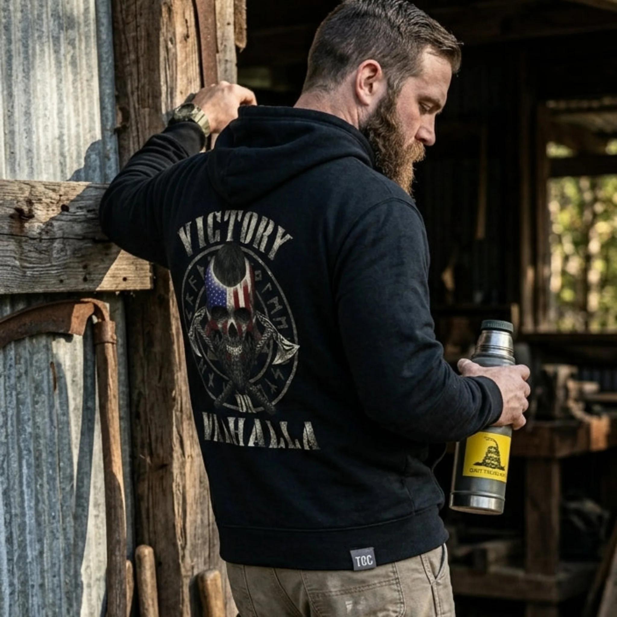 Viking Valhalla Hoodie - Victory Or Valhalla - Distressed American Viking Skull Hoodie: Patriotic