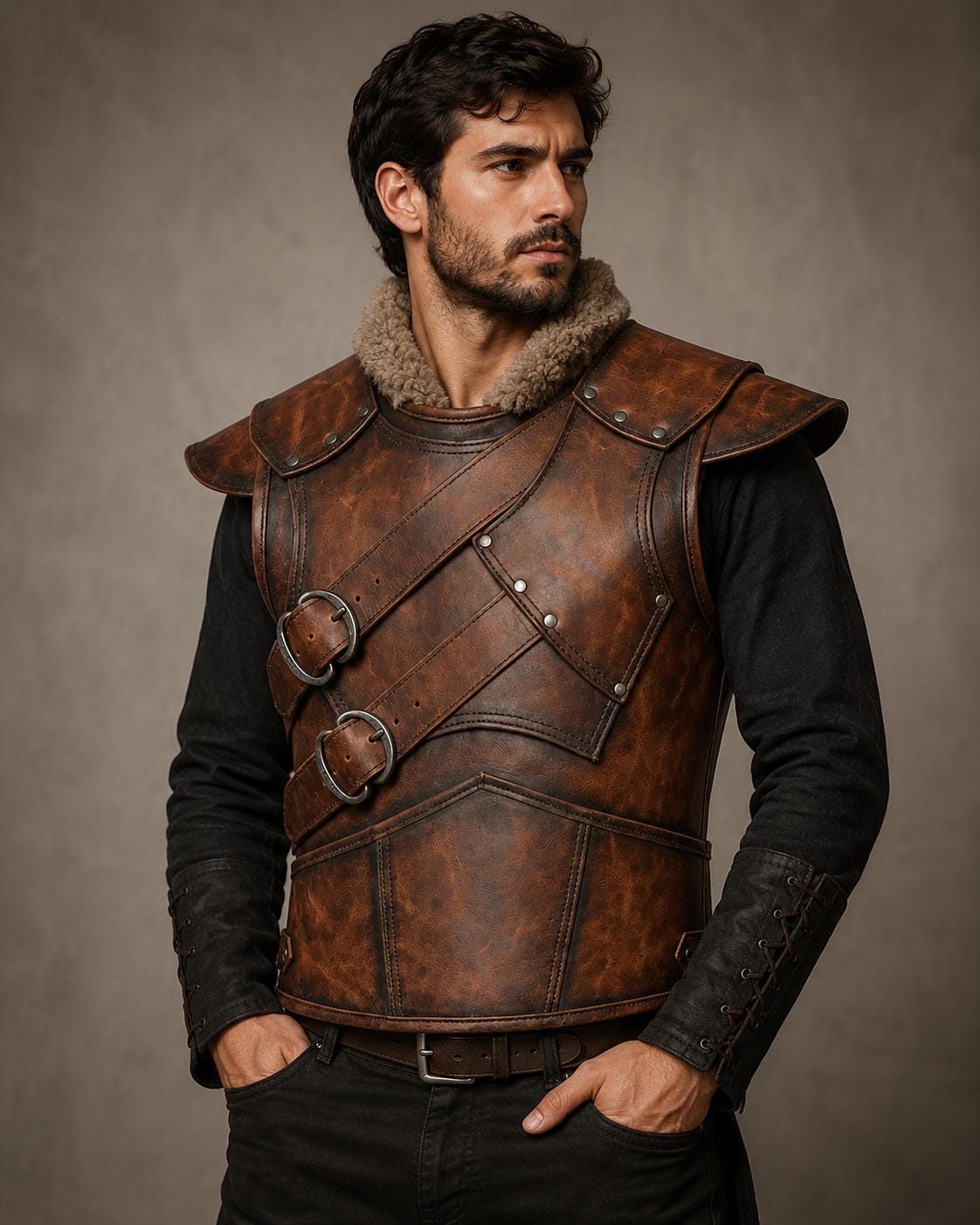 Viking Jacket - Viking Leather Vest Fur Collar Armor Medieval Norse Warrior Costume LARP Leather