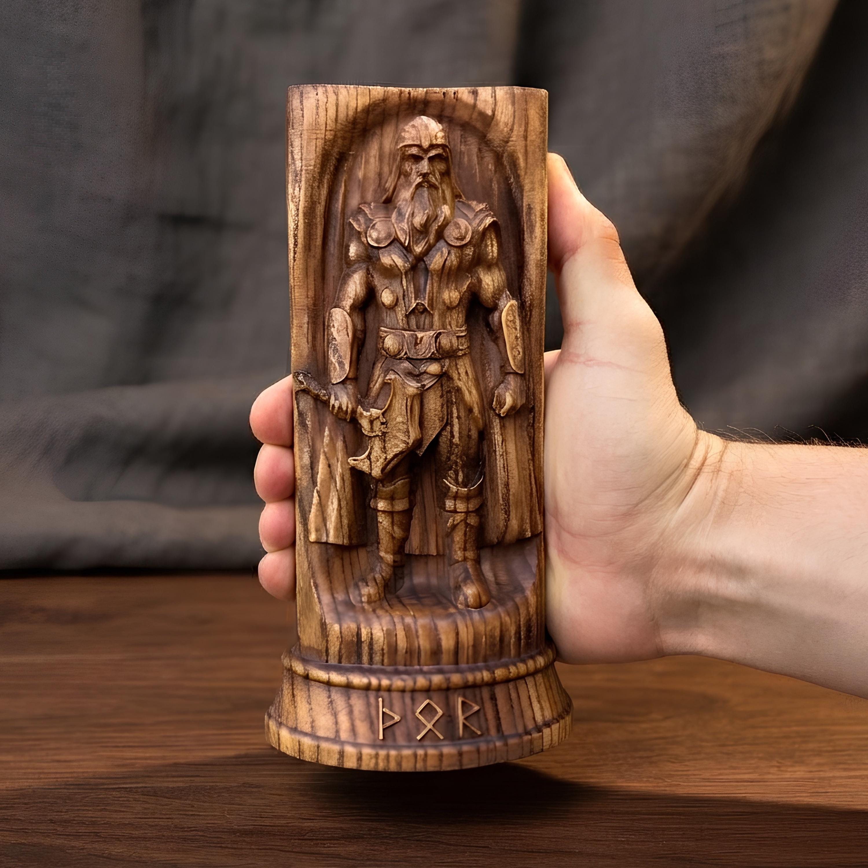 Viking Thor's Hammer Home Decor - Thor Wooden Idol, Thunder God Figurine, Norse Pagan Altar Decor