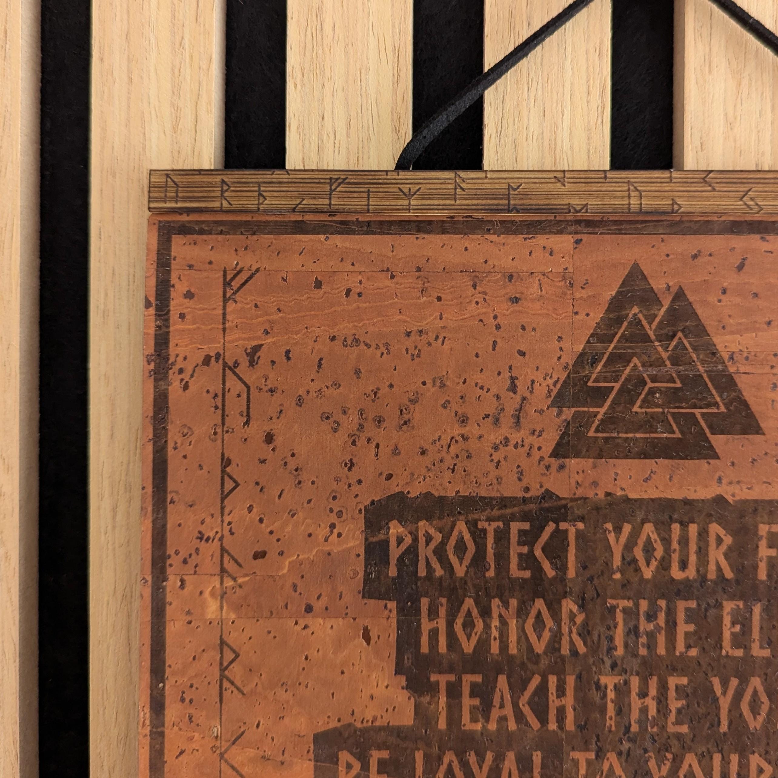 Viking Valknut Home Decor - Viking Code Valknut Wall Art. Engraved Eco Friendly Cork Leather