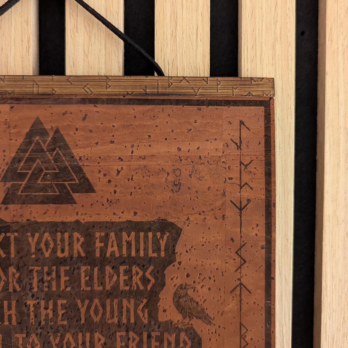 Viking Valknut Home Decor - Viking Code Valknut Wall Art. Engraved Eco Friendly Cork Leather