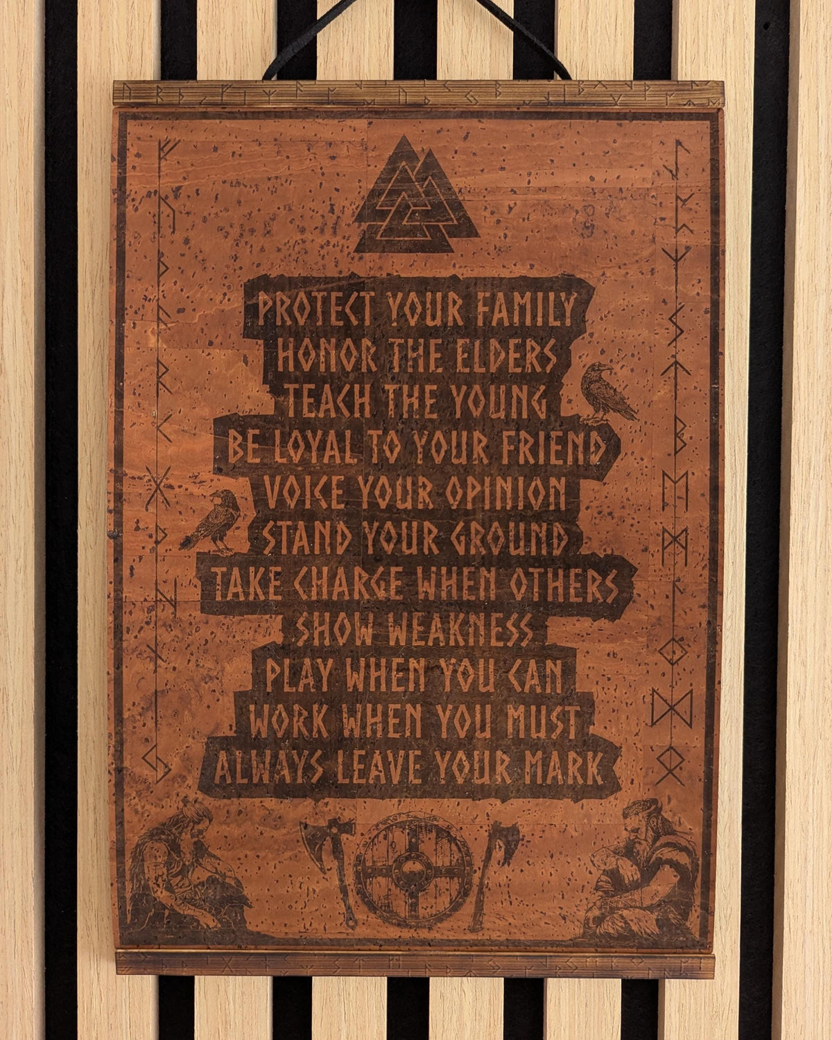 Viking Valknut Home Decor - Viking Code Valknut Wall Art. Engraved Eco Friendly Cork Leather
