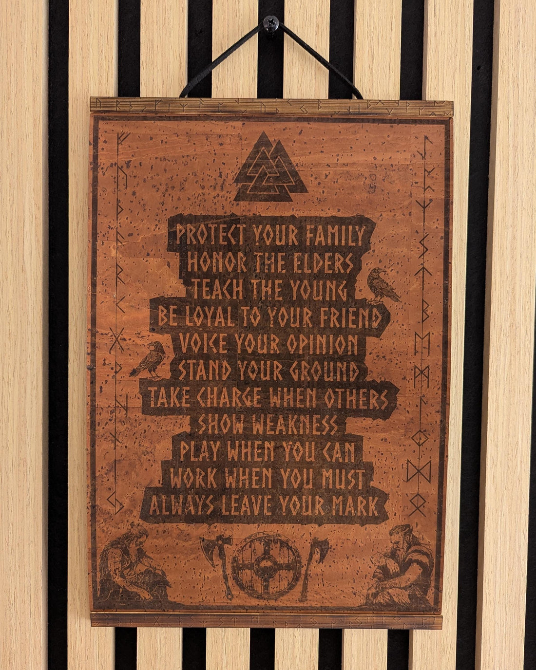 Viking Valknut Home Decor - Viking Code Valknut Wall Art. Engraved Eco Friendly Cork Leather