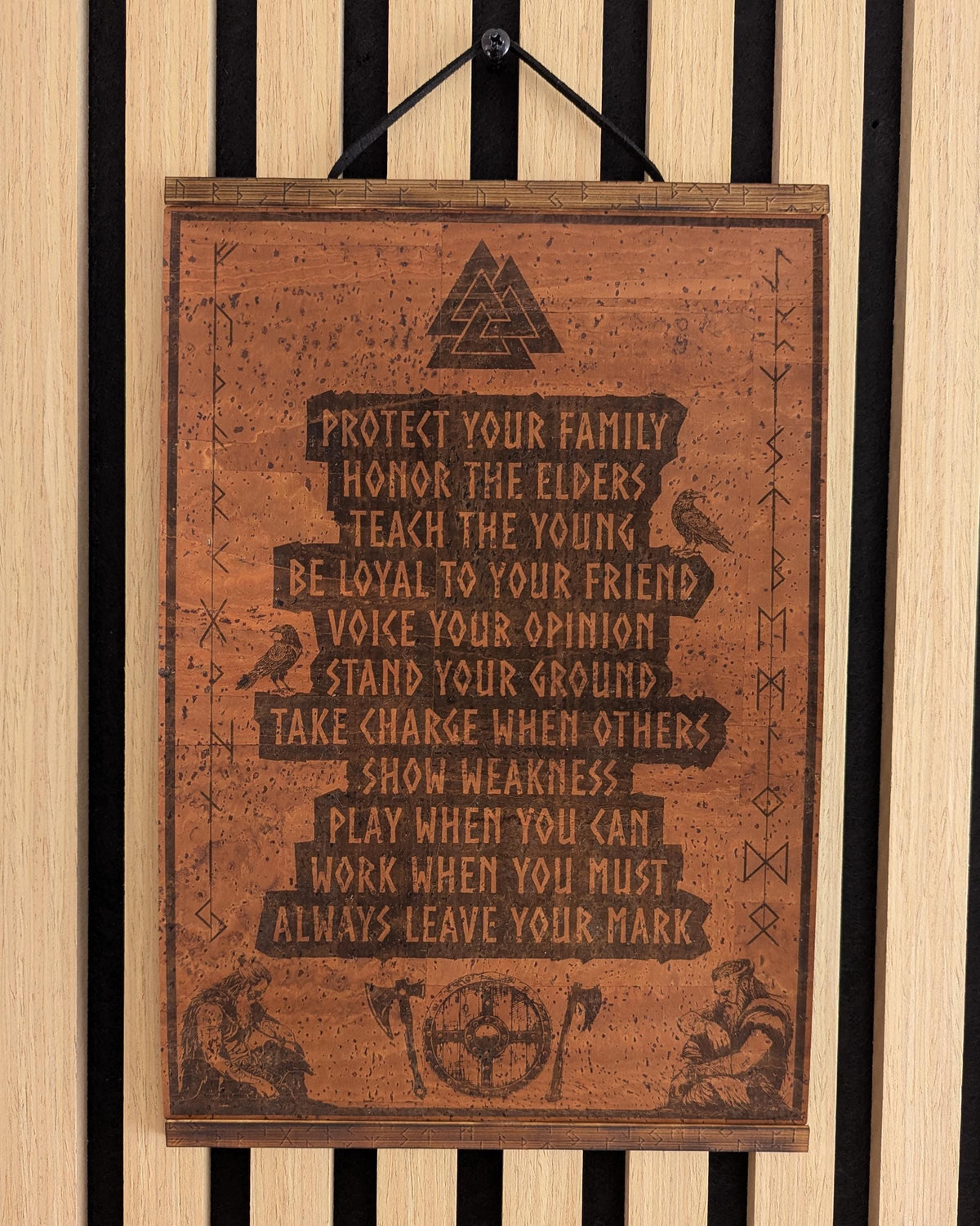 Viking Valknut Home Decor - Viking Code Valknut Wall Art. Engraved Eco Friendly Cork Leather