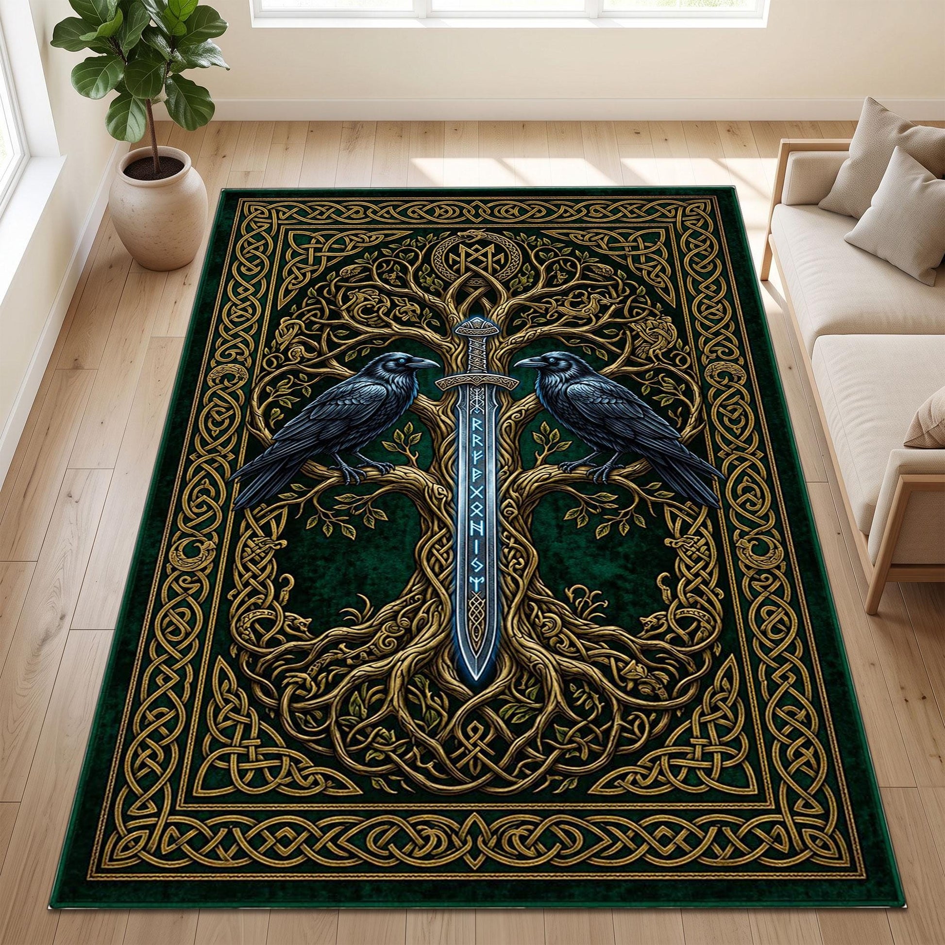 Viking Yggdrasil Tree of Life Rug - Viking Raven Rug, Yggdrasil Tree Celtic Sword Carpet, Norse