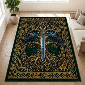 Viking Yggdrasil Tree of Life Rug - Viking Raven Rug, Yggdrasil Tree Celtic Sword Carpet, Norse