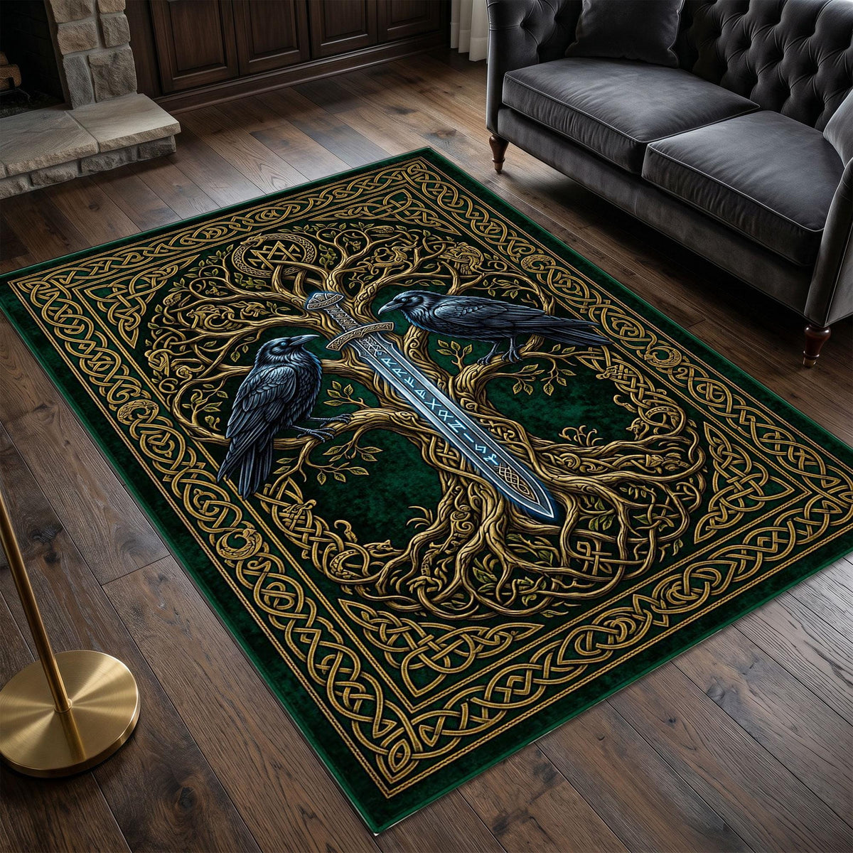 Viking Yggdrasil Tree of Life Rug - Viking Raven Rug, Yggdrasil Tree Celtic Sword Carpet, Norse