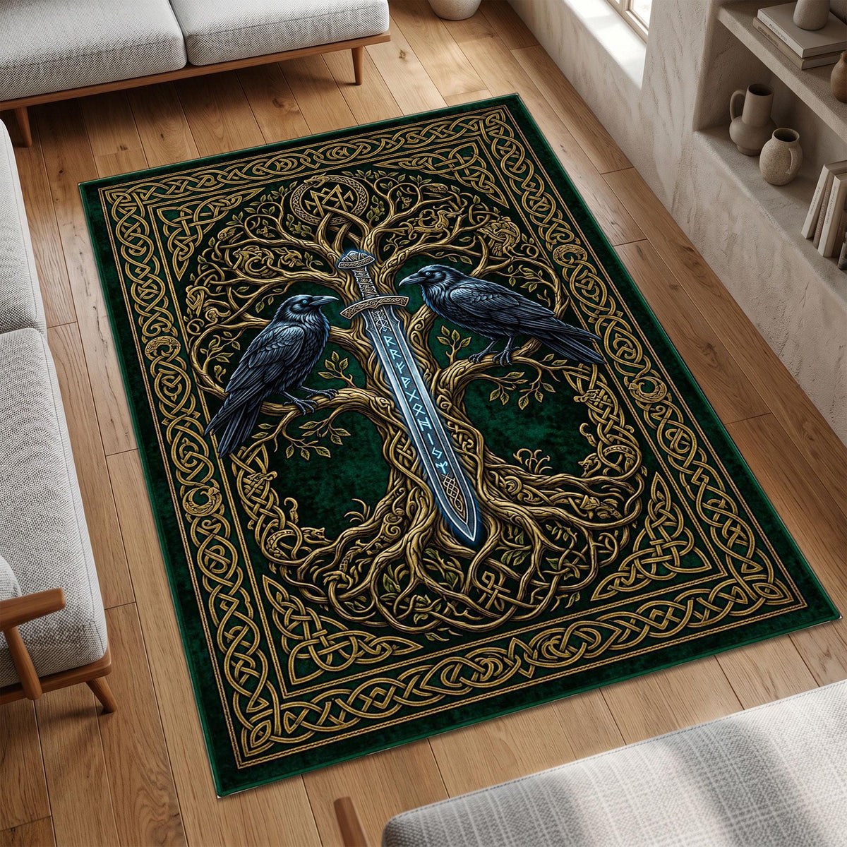 Viking Yggdrasil Tree of Life Rug - Viking Raven Rug, Yggdrasil Tree Celtic Sword Carpet, Norse