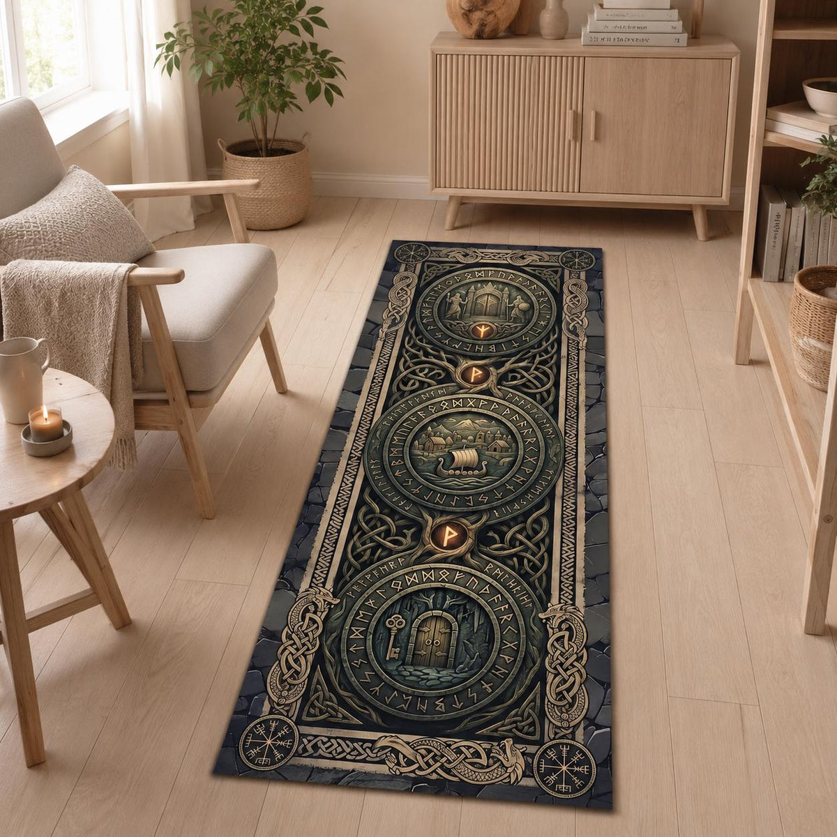 Viking Rune Rug - Viking Rune Runner Rug, Norse Longship Hallway Rug, Celtic Knot Nordic Decor