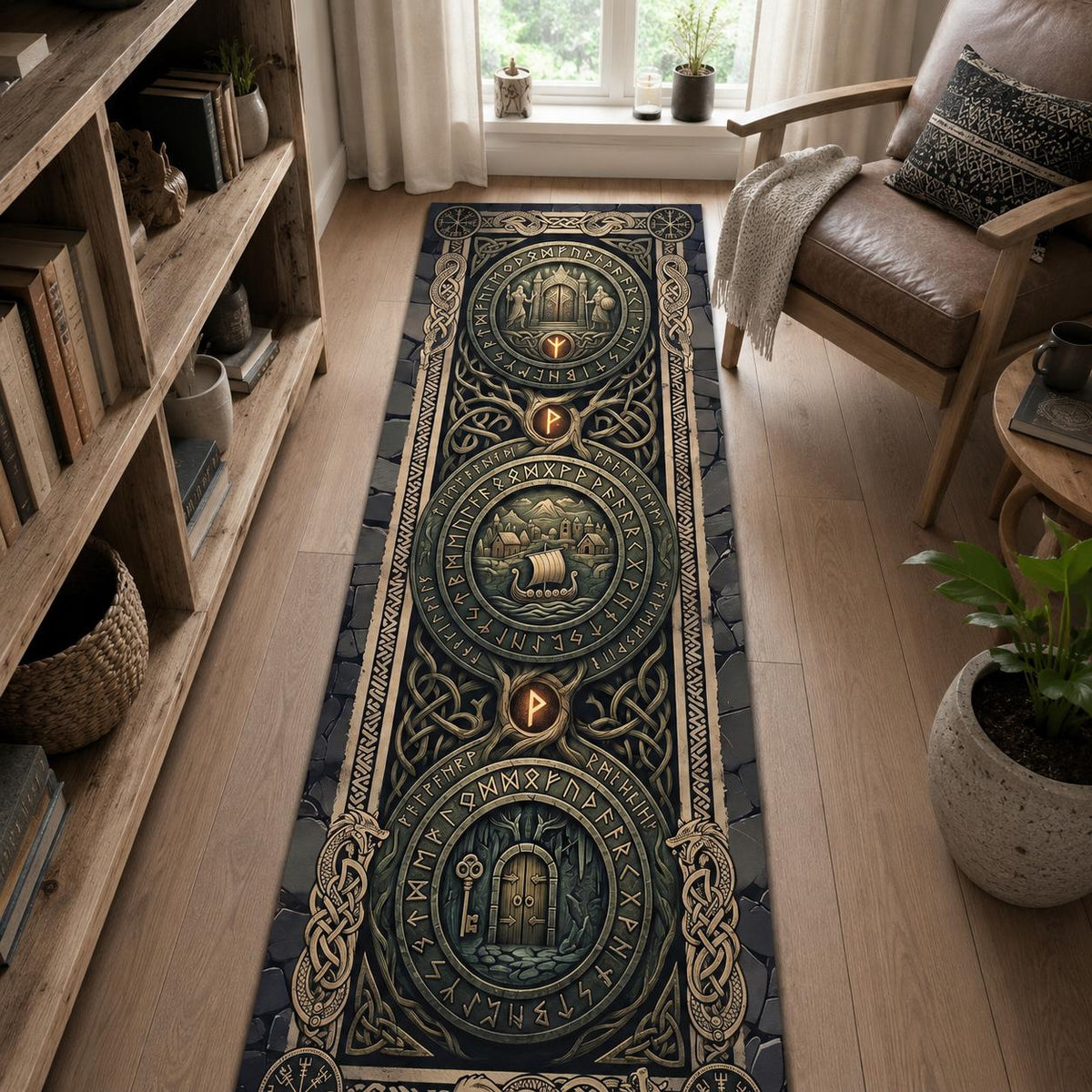 Viking Rune Rug - Viking Rune Runner Rug, Norse Longship Hallway Rug, Celtic Knot Nordic Decor