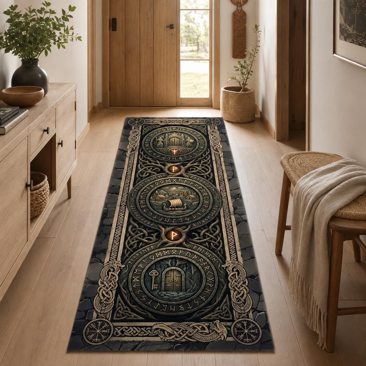 Viking Rune Rug - Viking Rune Runner Rug, Norse Longship Hallway Rug, Celtic Knot Nordic Decor