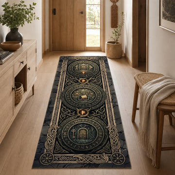 Viking Rune Rug - Viking Rune Runner Rug, Norse Longship Hallway Rug, Celtic Knot Nordic Decor
