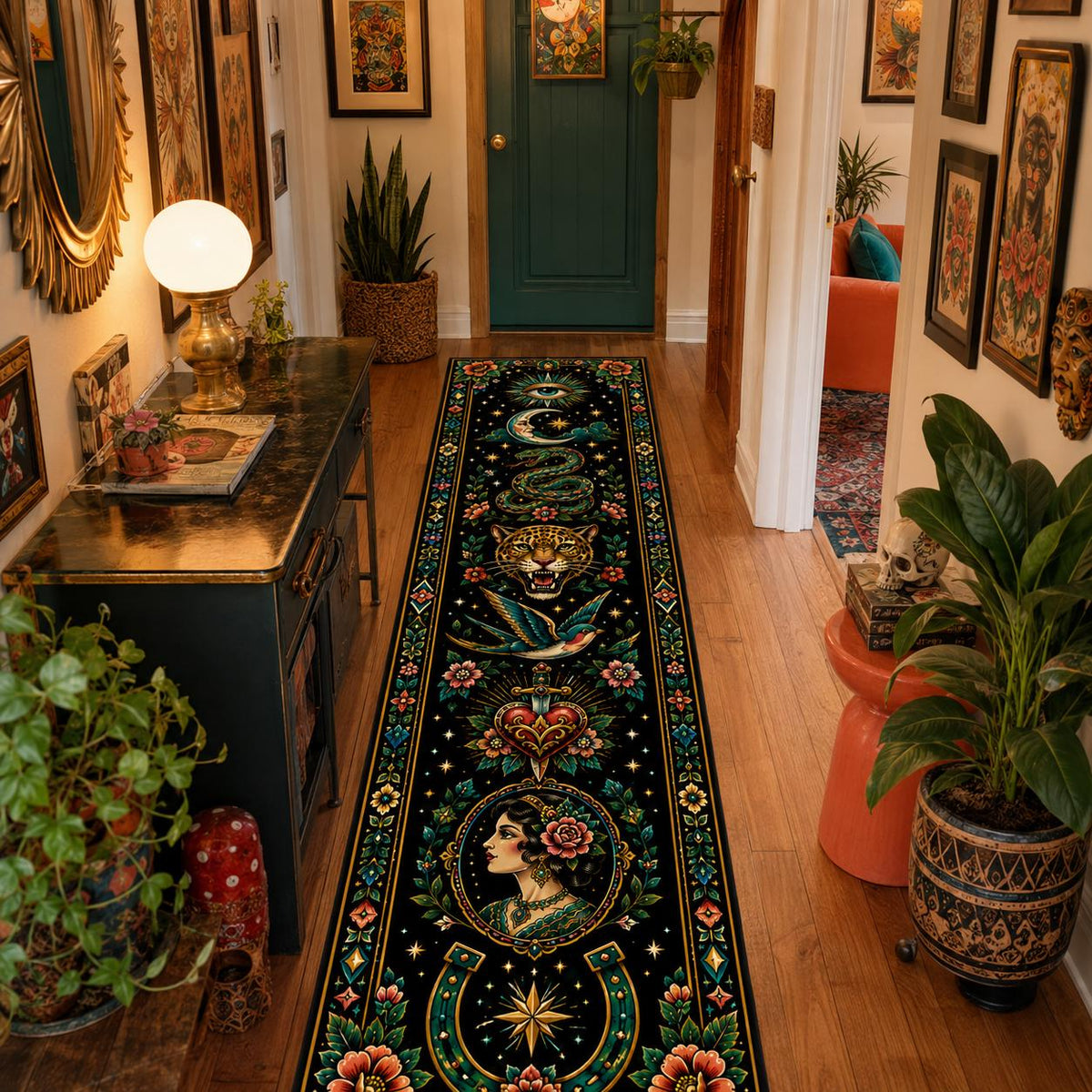 Viking Rune Rug - Viking Rune Runner Rug, Norse Longship Hallway Rug, Celtic Knot Nordic Decor
