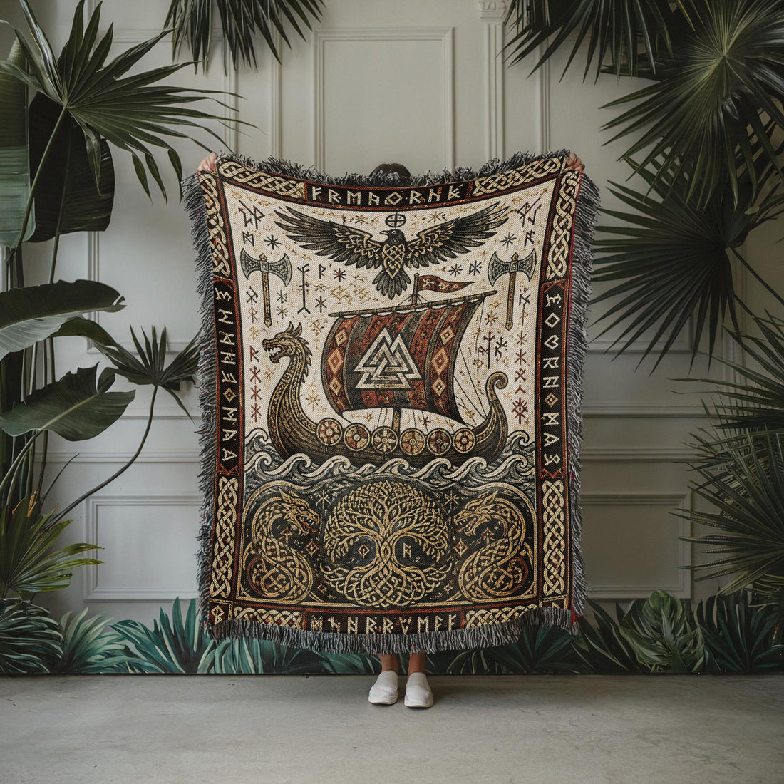 Viking Thor's Hammer Blanket - Viking Longship Woven Blanket, Medieval Norse Mythology Tapestry