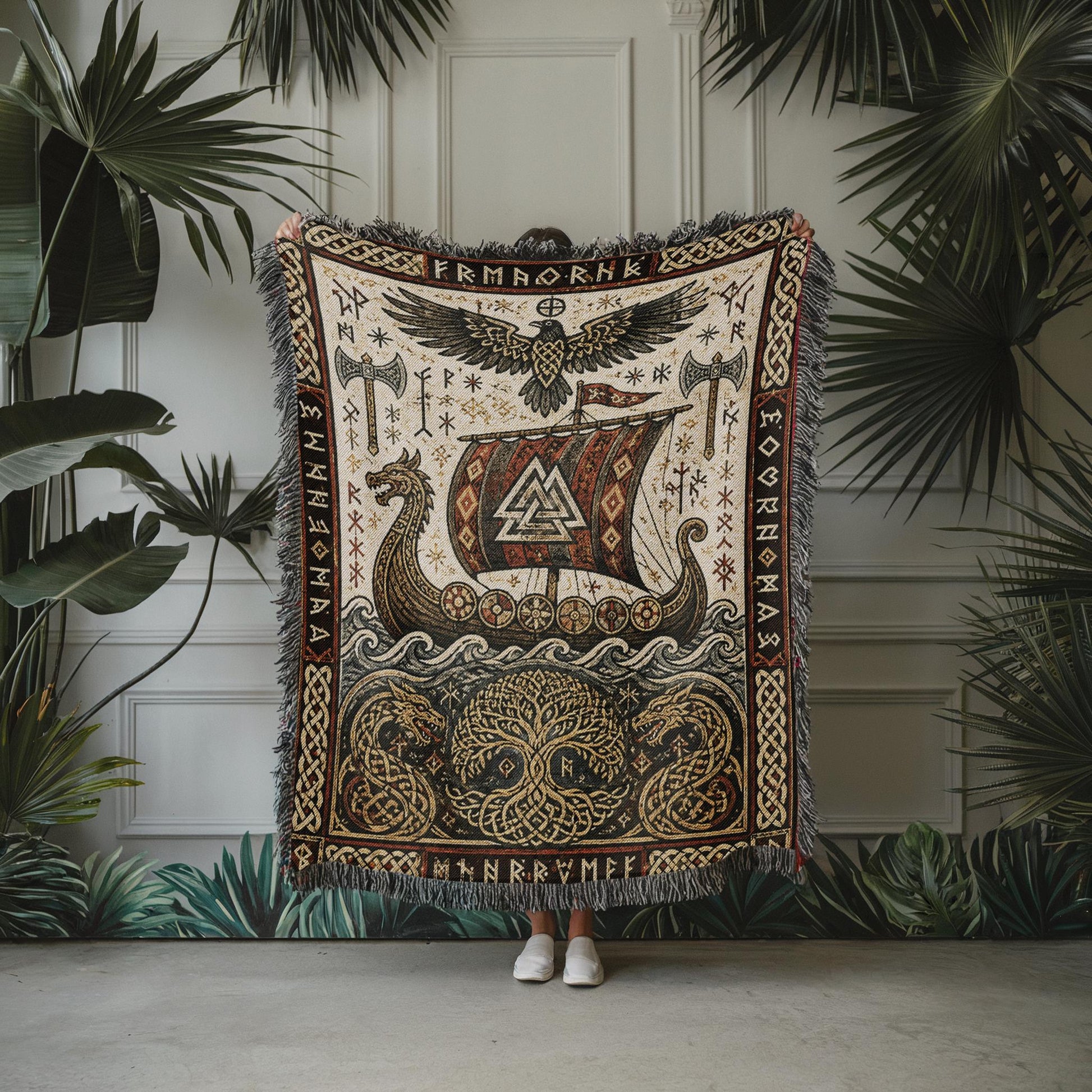 Viking Thor's Hammer Blanket - Viking Longship Woven Blanket, Medieval Norse Mythology Tapestry