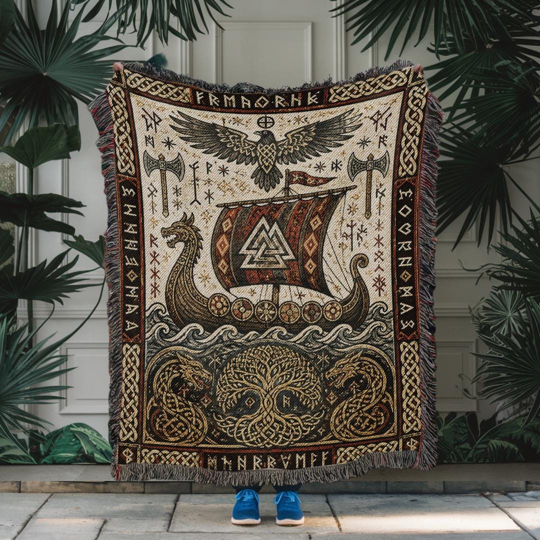 Viking Thor's Hammer Blanket - Viking Longship Woven Blanket, Medieval Norse Mythology Tapestry