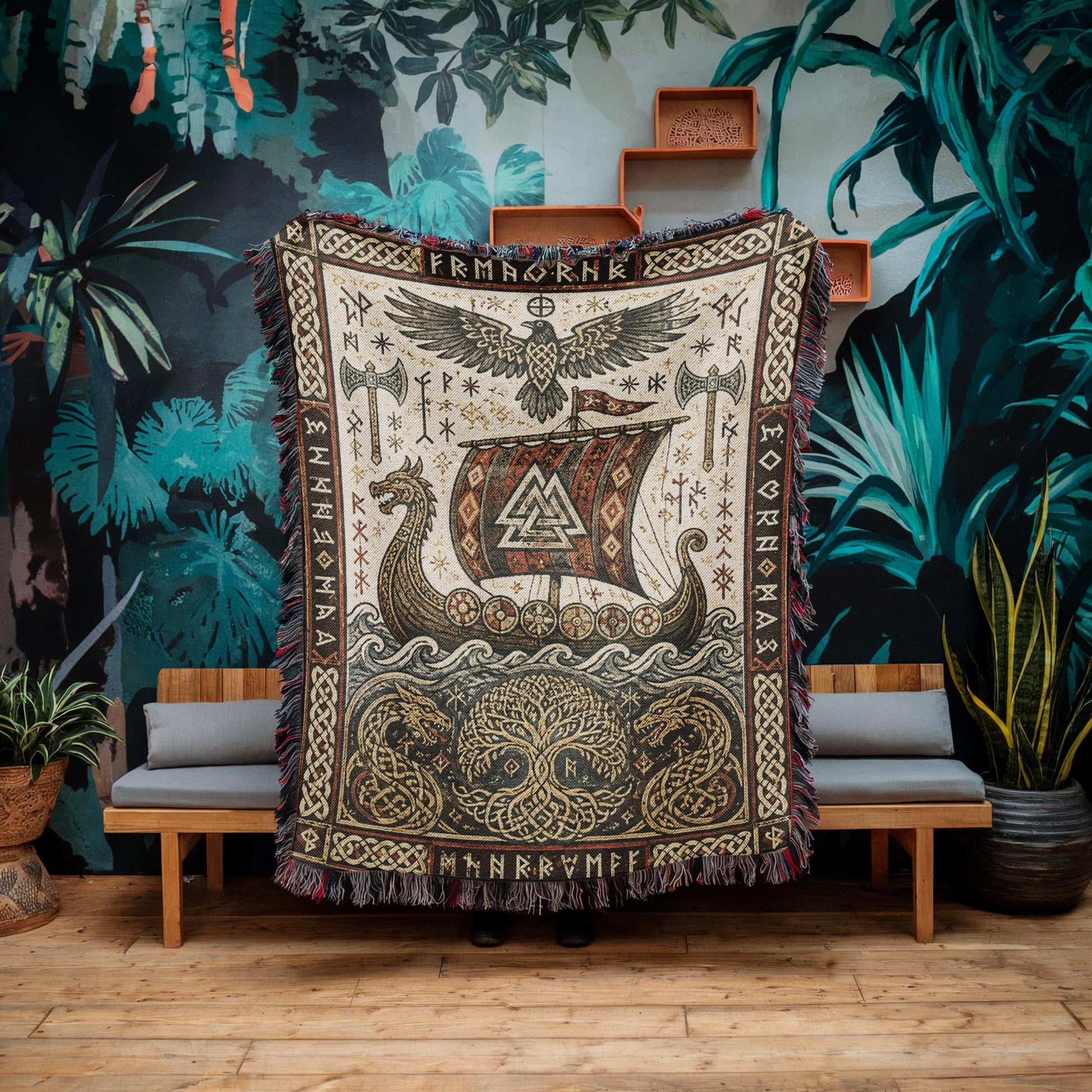 Viking Thor's Hammer Blanket - Viking Longship Woven Blanket, Medieval Norse Mythology Tapestry