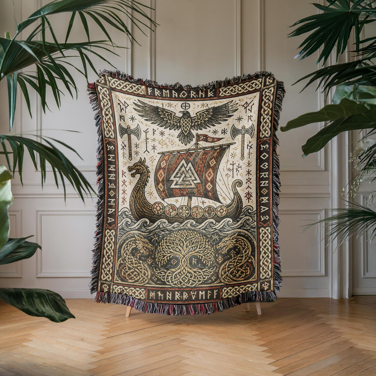 Viking Thor's Hammer Blanket - Viking Longship Woven Blanket, Medieval Norse Mythology Tapestry