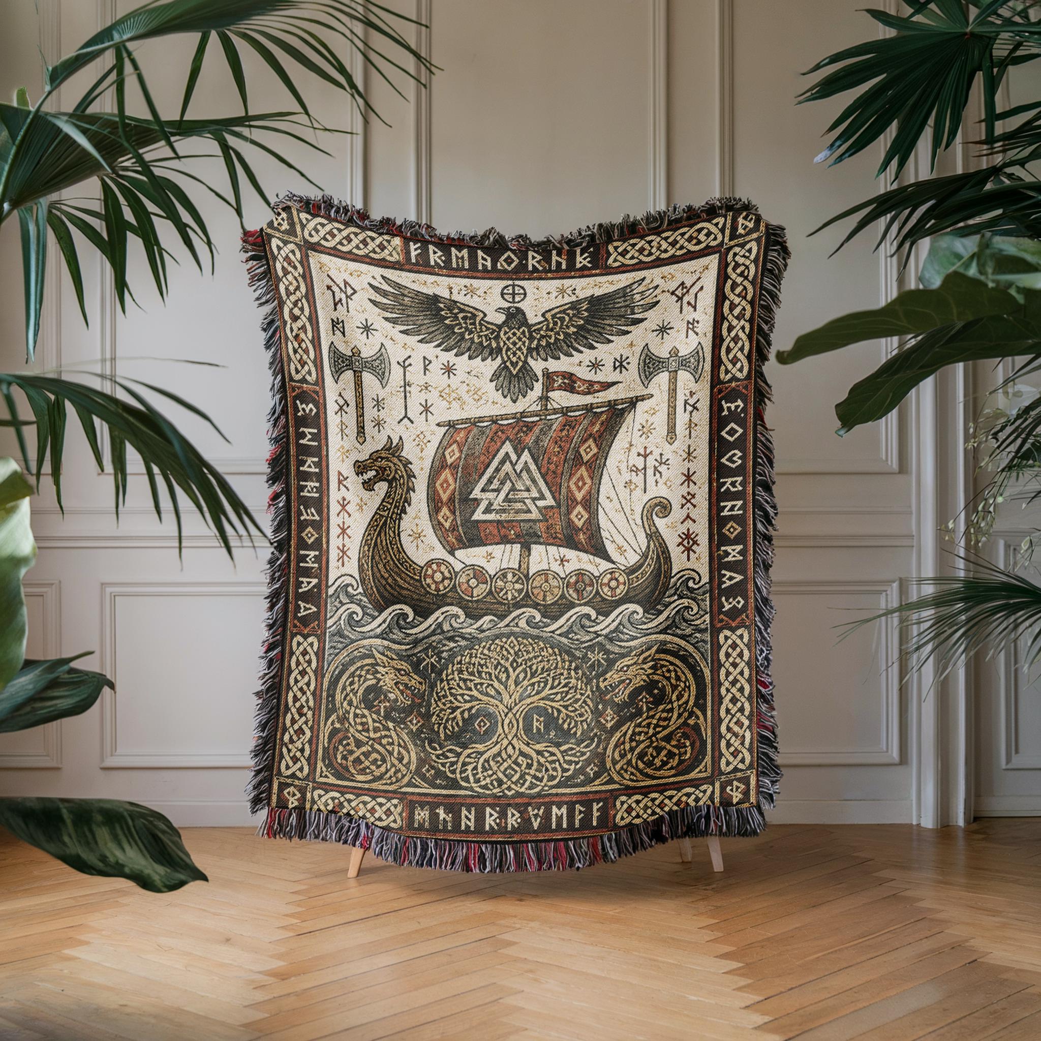Viking Thor's Hammer Blanket - Viking Longship Woven Blanket, Medieval Norse Mythology Tapestry