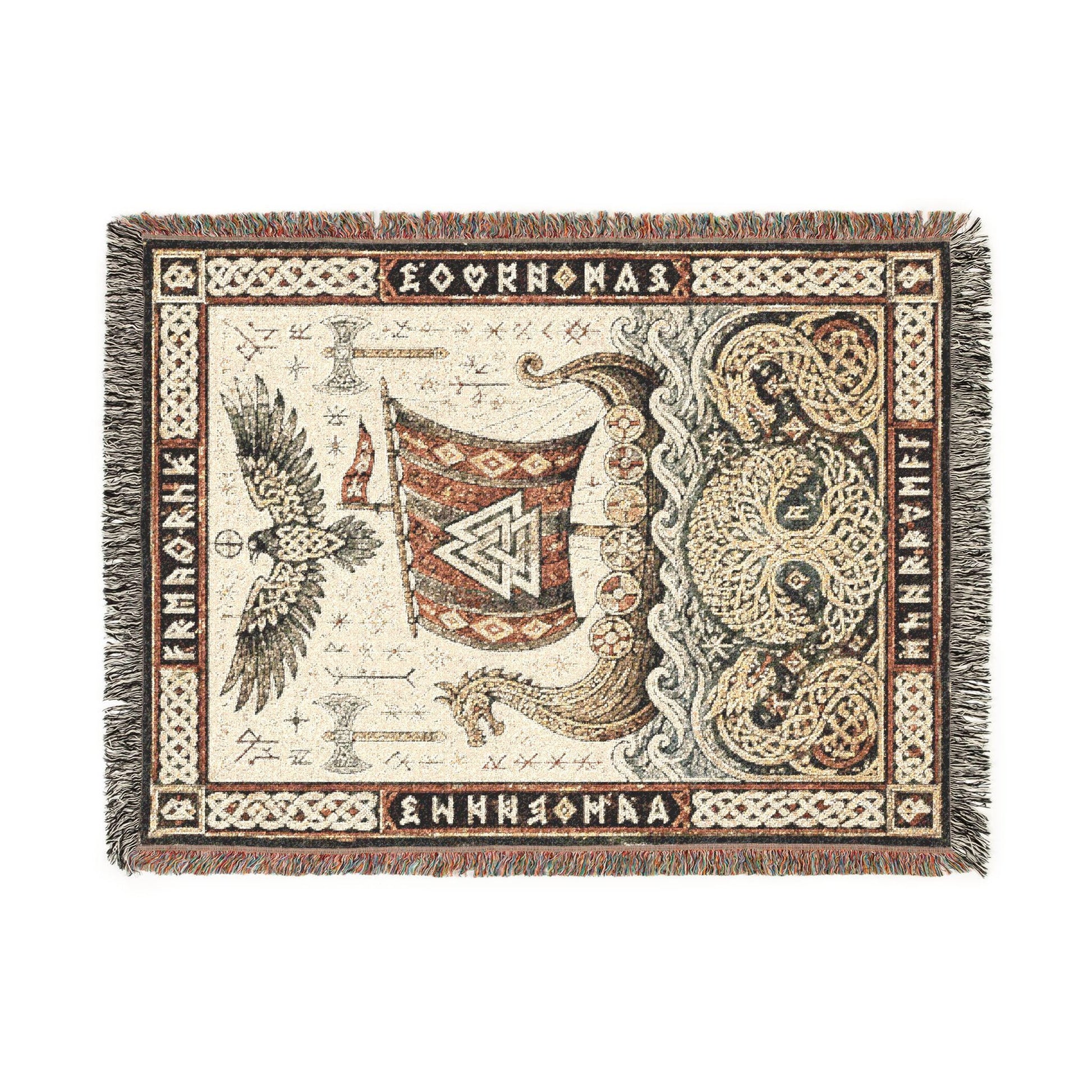 Viking Thor's Hammer Blanket - Viking Longship Woven Blanket, Medieval Norse Mythology Tapestry
