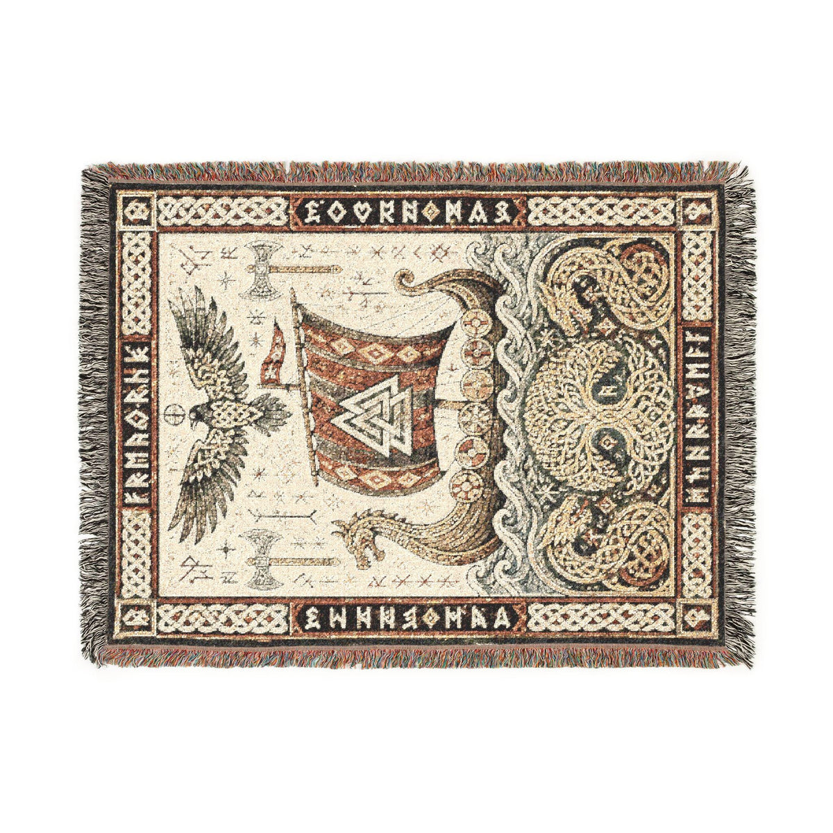 Viking Thor's Hammer Blanket - Viking Longship Woven Blanket, Medieval Norse Mythology Tapestry