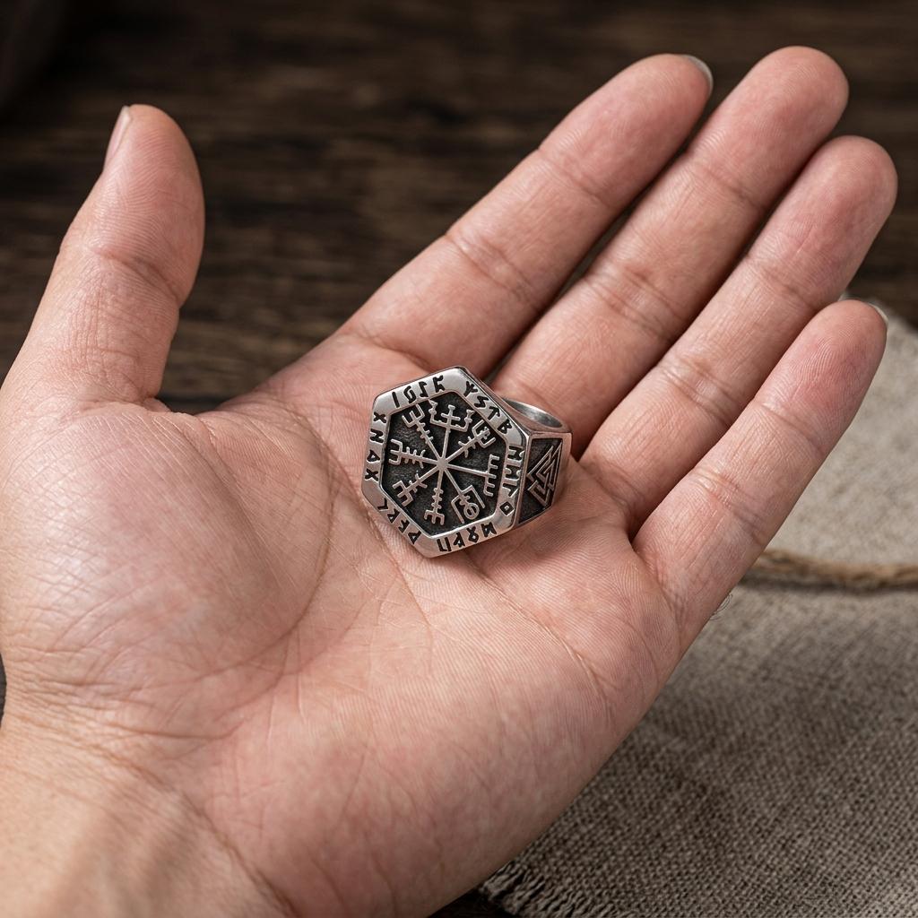 Viking Odin Ring - Vegvisir Viking Signet Ring, Norse Rune Protection Ring, 316L Stainless Steel