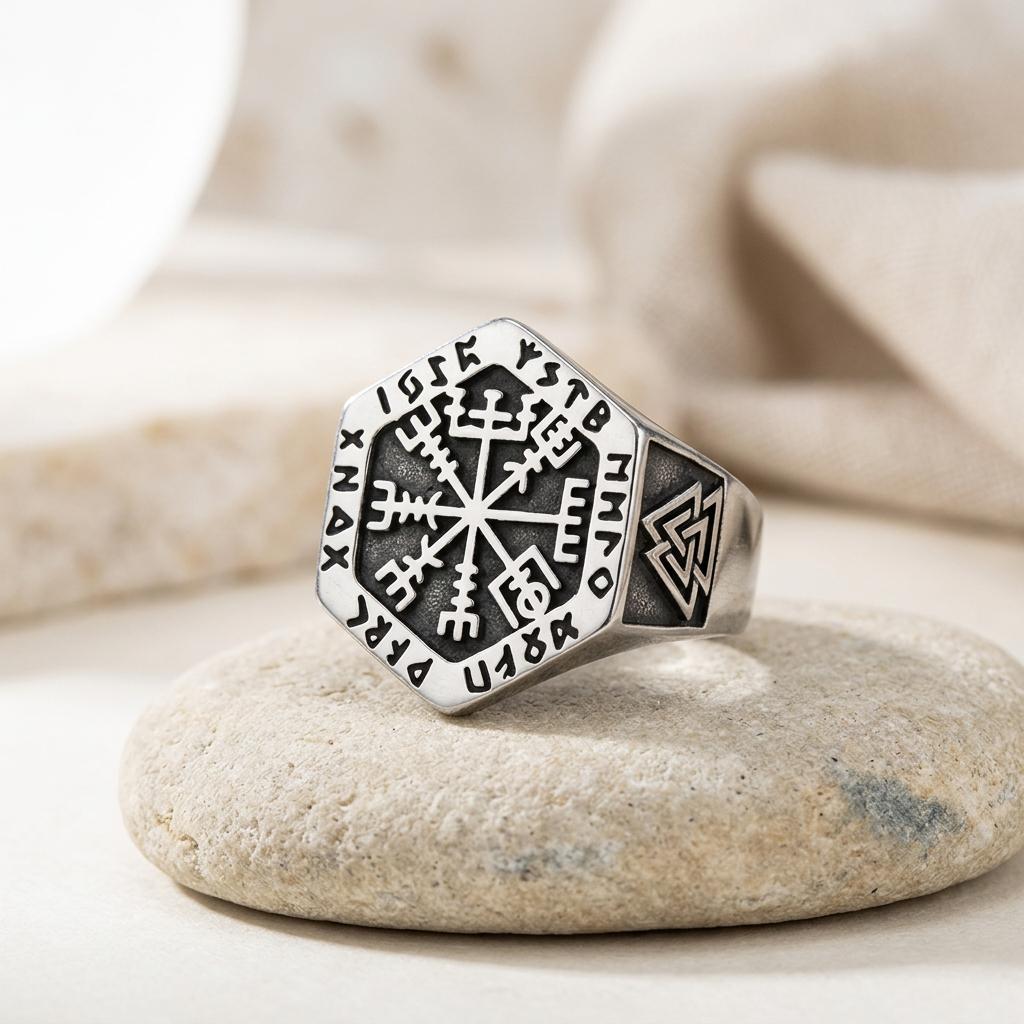 Viking Odin Ring - Vegvisir Viking Signet Ring, Norse Rune Protection Ring, 316L Stainless Steel