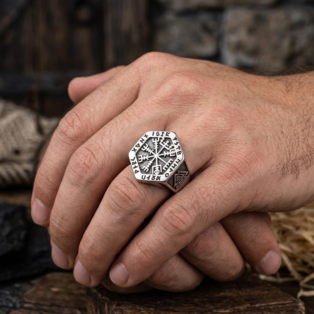 Viking Odin Ring - Vegvisir Viking Signet Ring, Norse Rune Protection Ring, 316L Stainless Steel