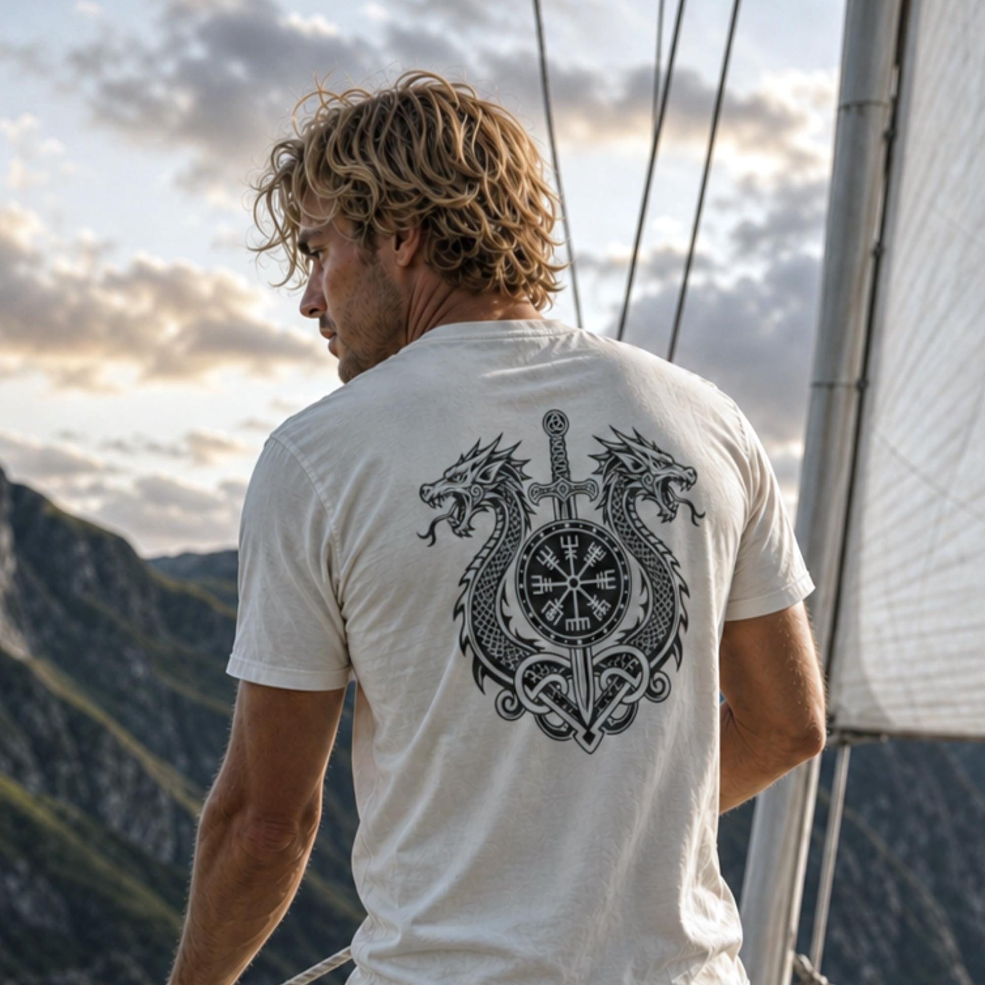 Viking T-Shirt - Dragon Vegisir Norse Mythology Viking T-shirt for Men Compass Graphic Tee Design
