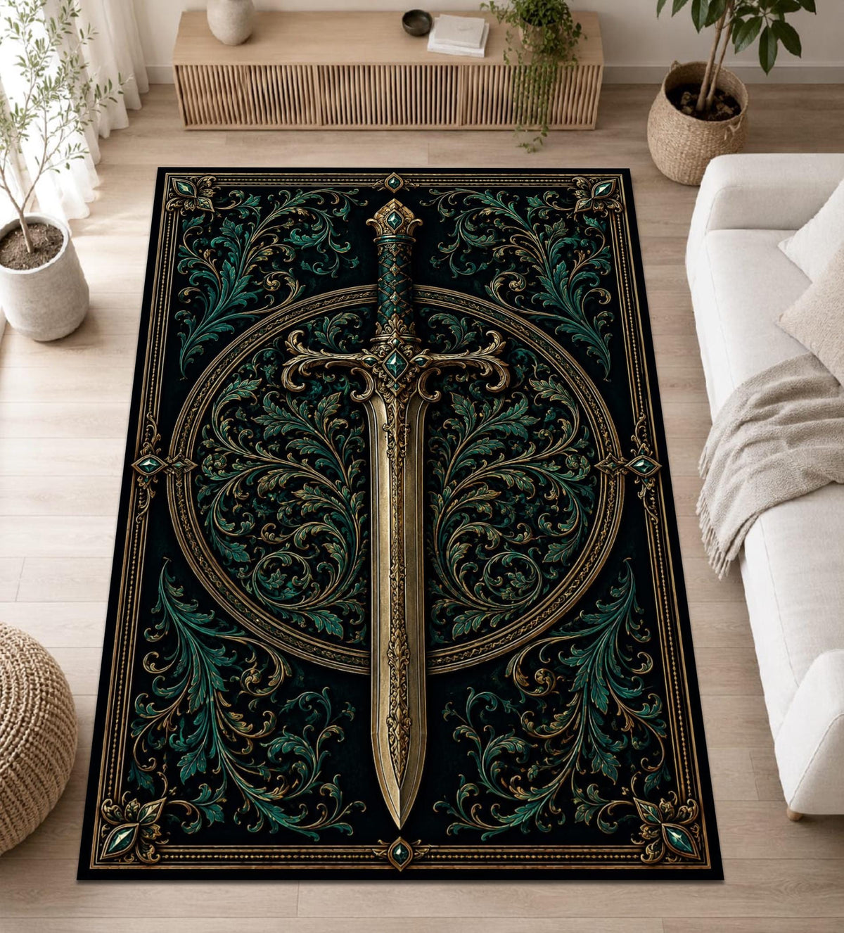 Viking Rug - Celtic Dragon Sword Rug, Viking Knot Carpet, Medieval Fantasy Decor, Gothic Warrior