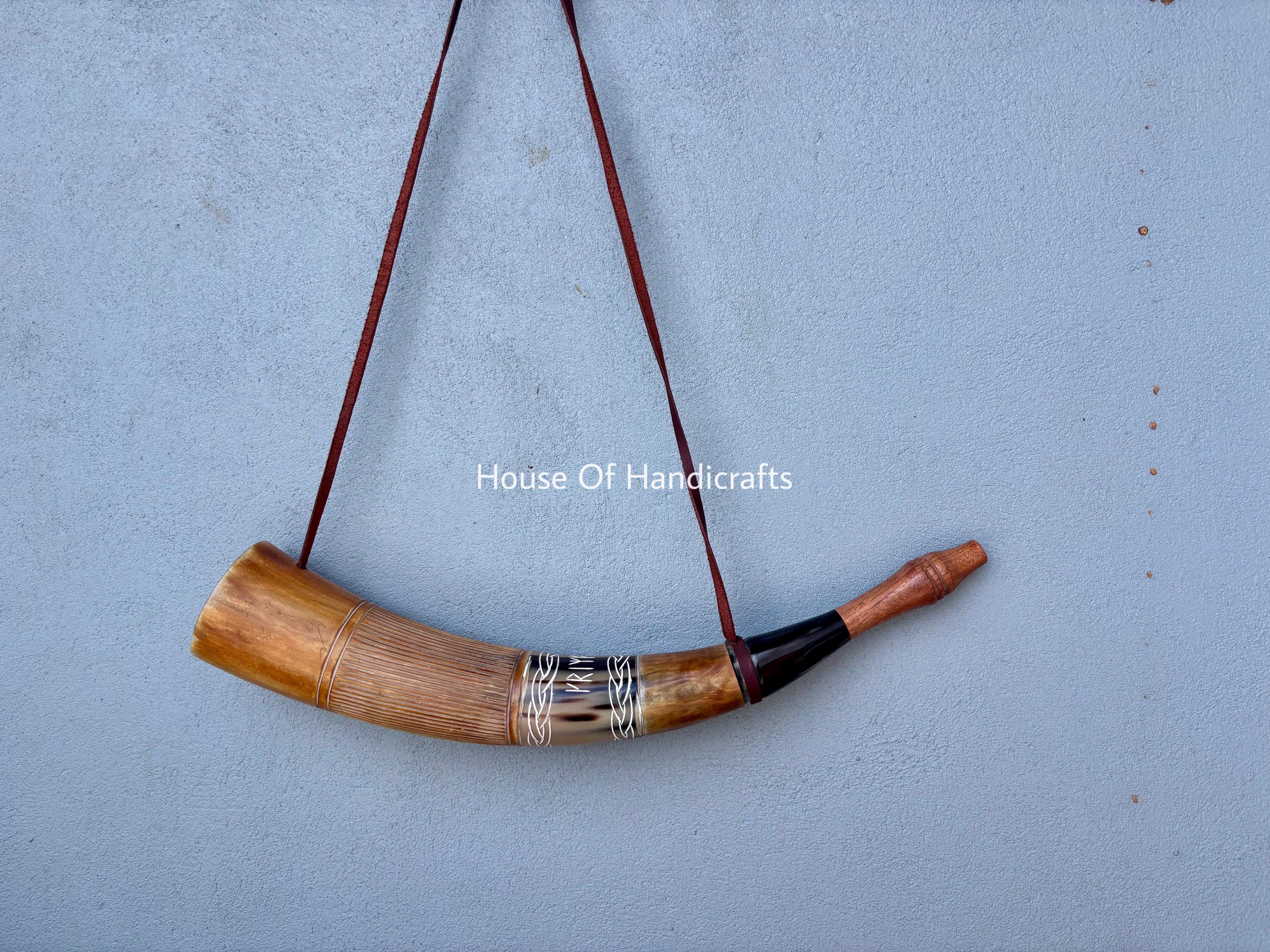 Viking Wolf Weapon Replica - Norse Viking War Horn, Handmade Engraved Wolf Ox Horn, Leather Strap