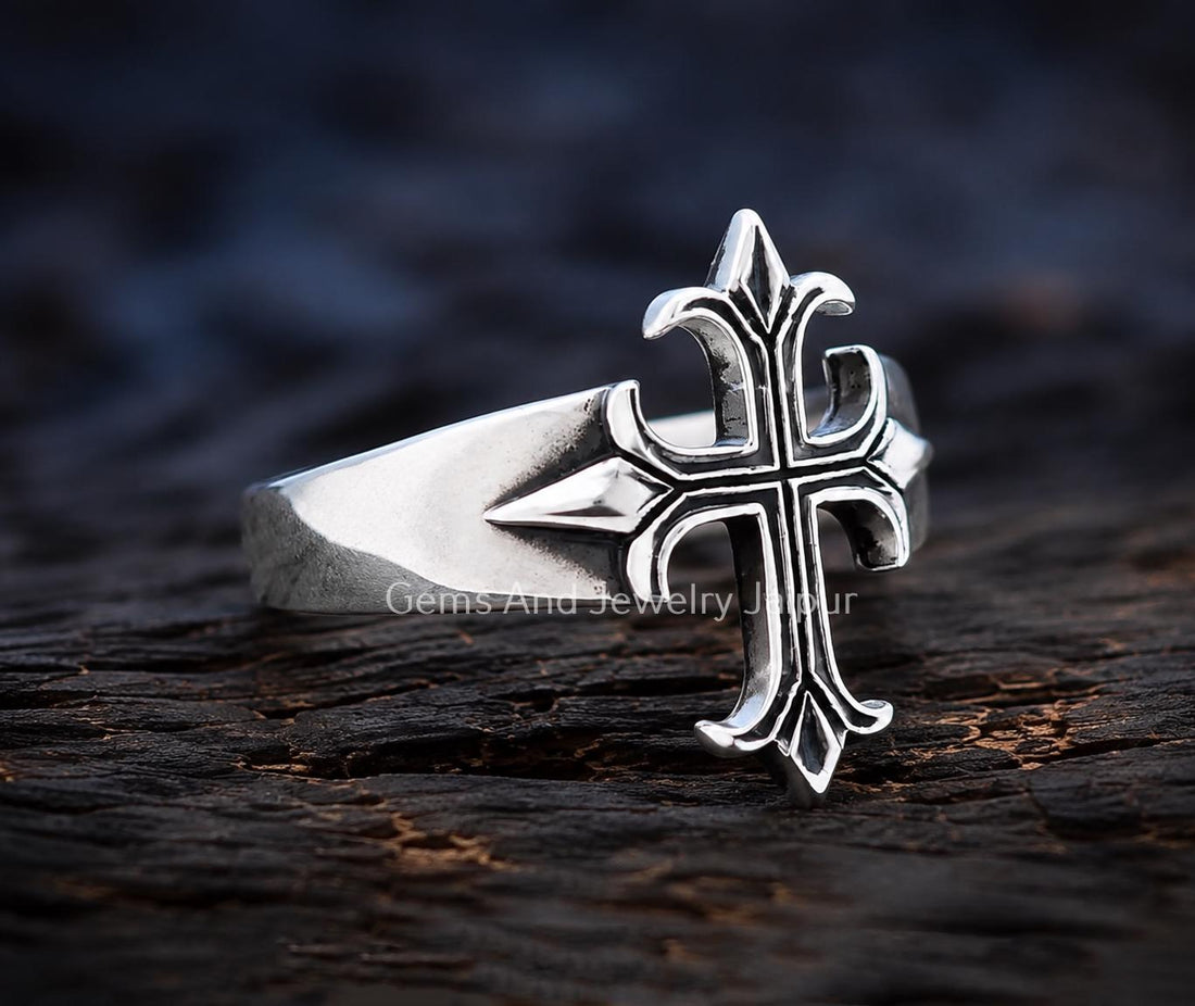 Viking Ring - Sterling Silver Gothic Cross Ring, Fleur De Lis Cross Ring, Medieval Cross Statement
