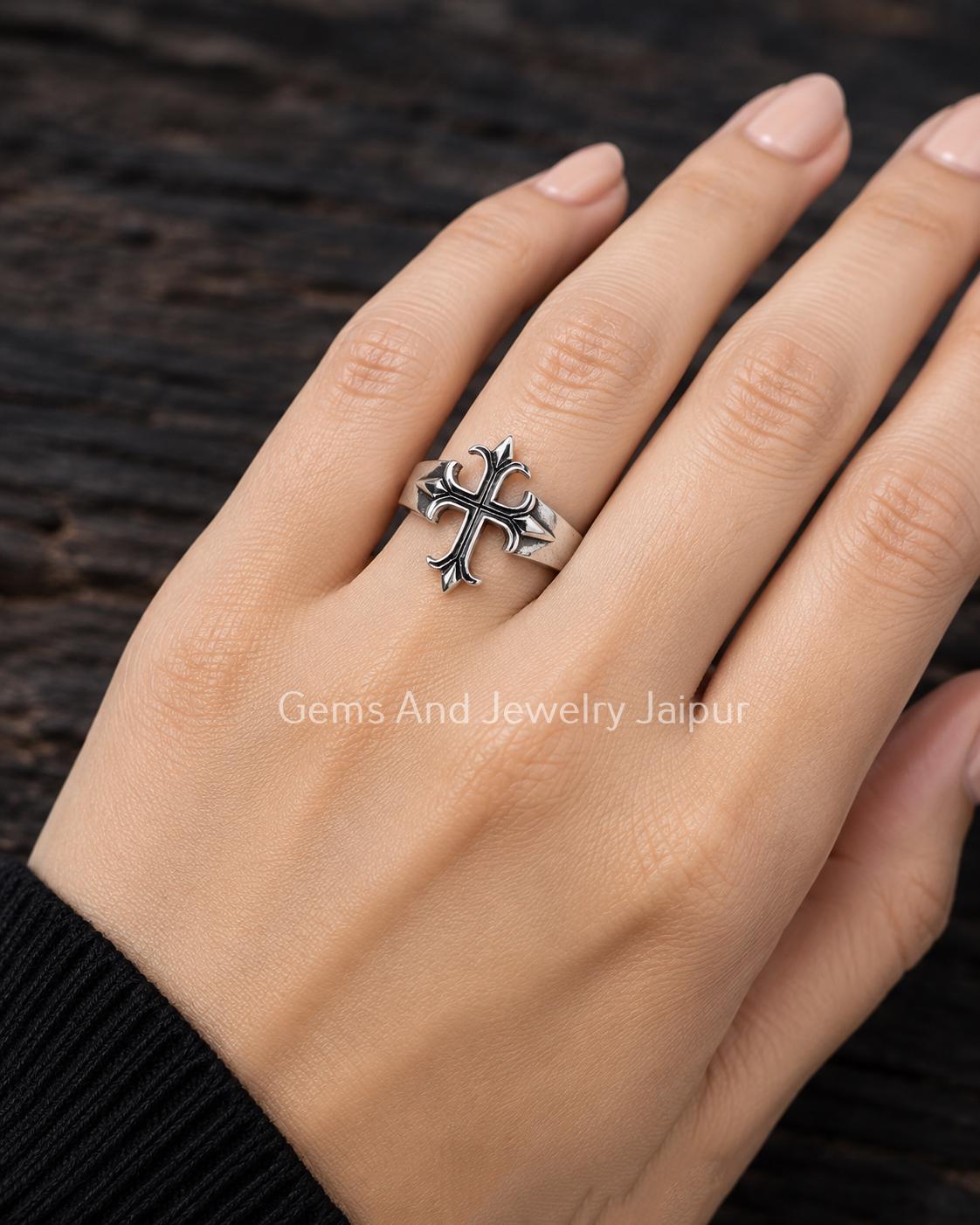 Viking Ring - Sterling Silver Gothic Cross Ring, Fleur De Lis Cross Ring, Medieval Cross Statement