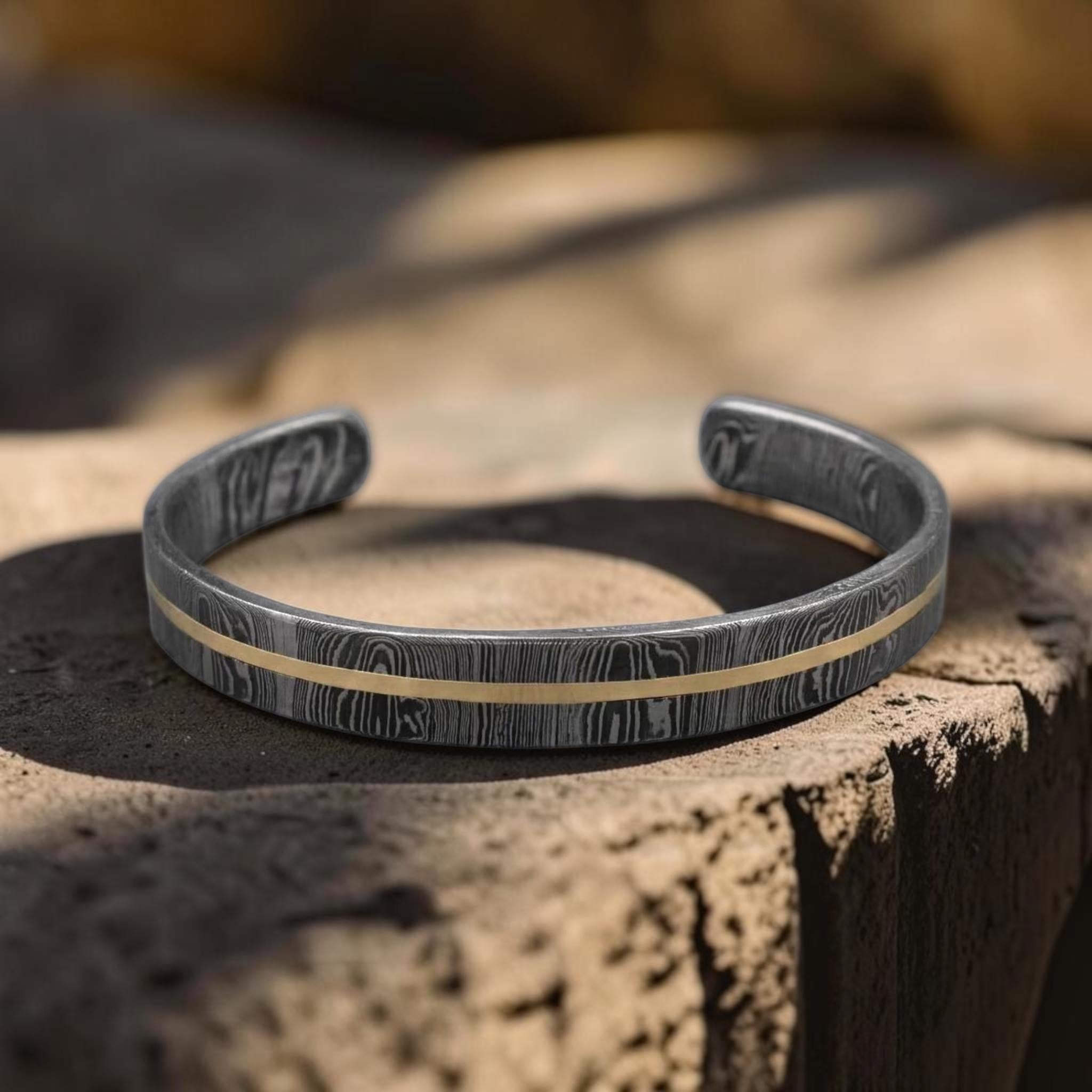 Viking Bracelet - Hand Forged Damascus Steel Cuff Bracelet with Copper Inlay Viking Bangle, Modern