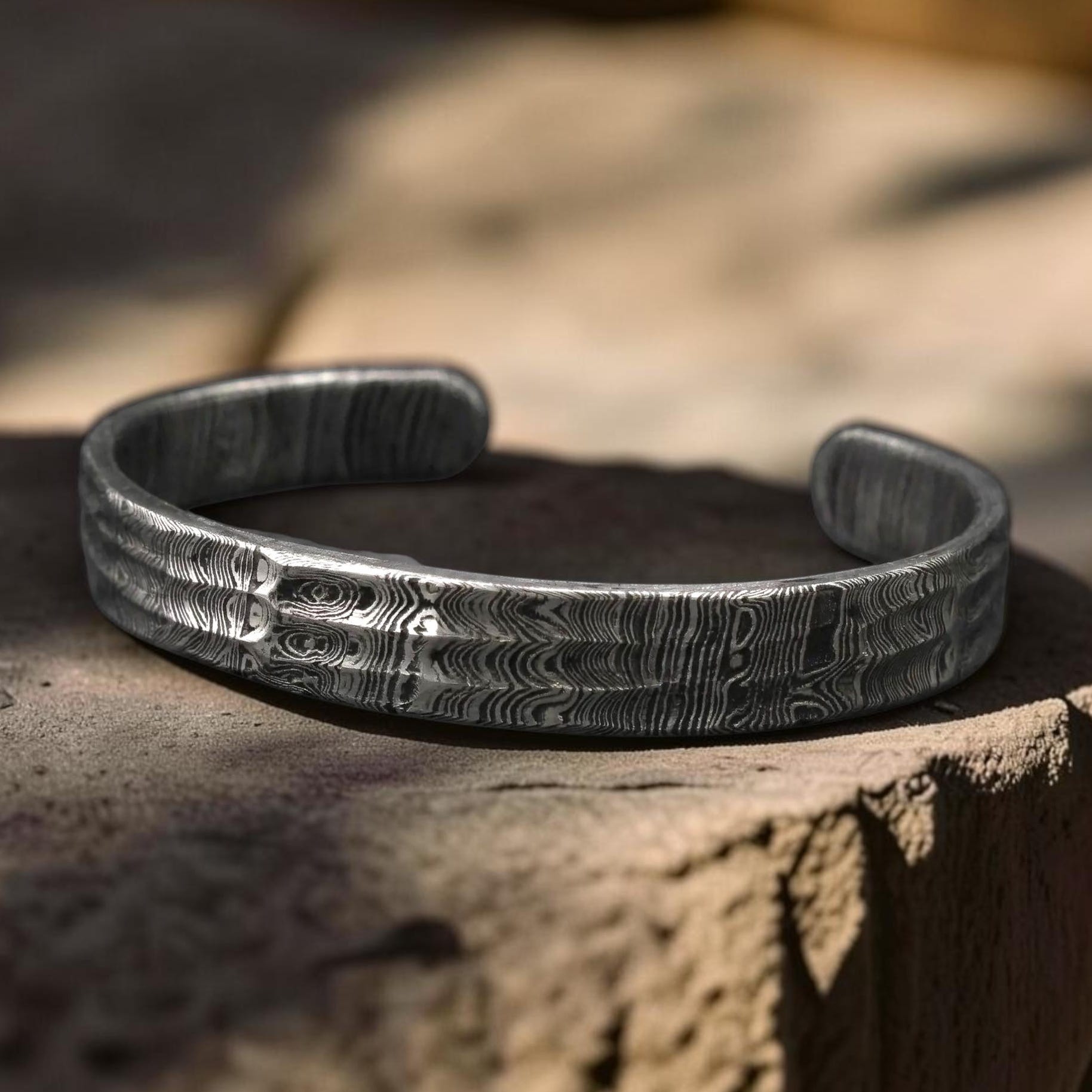 Viking Bracelet - Hand Forged Damascus Steel Cuff Bracelet with Copper Inlay Viking Bangle, Modern