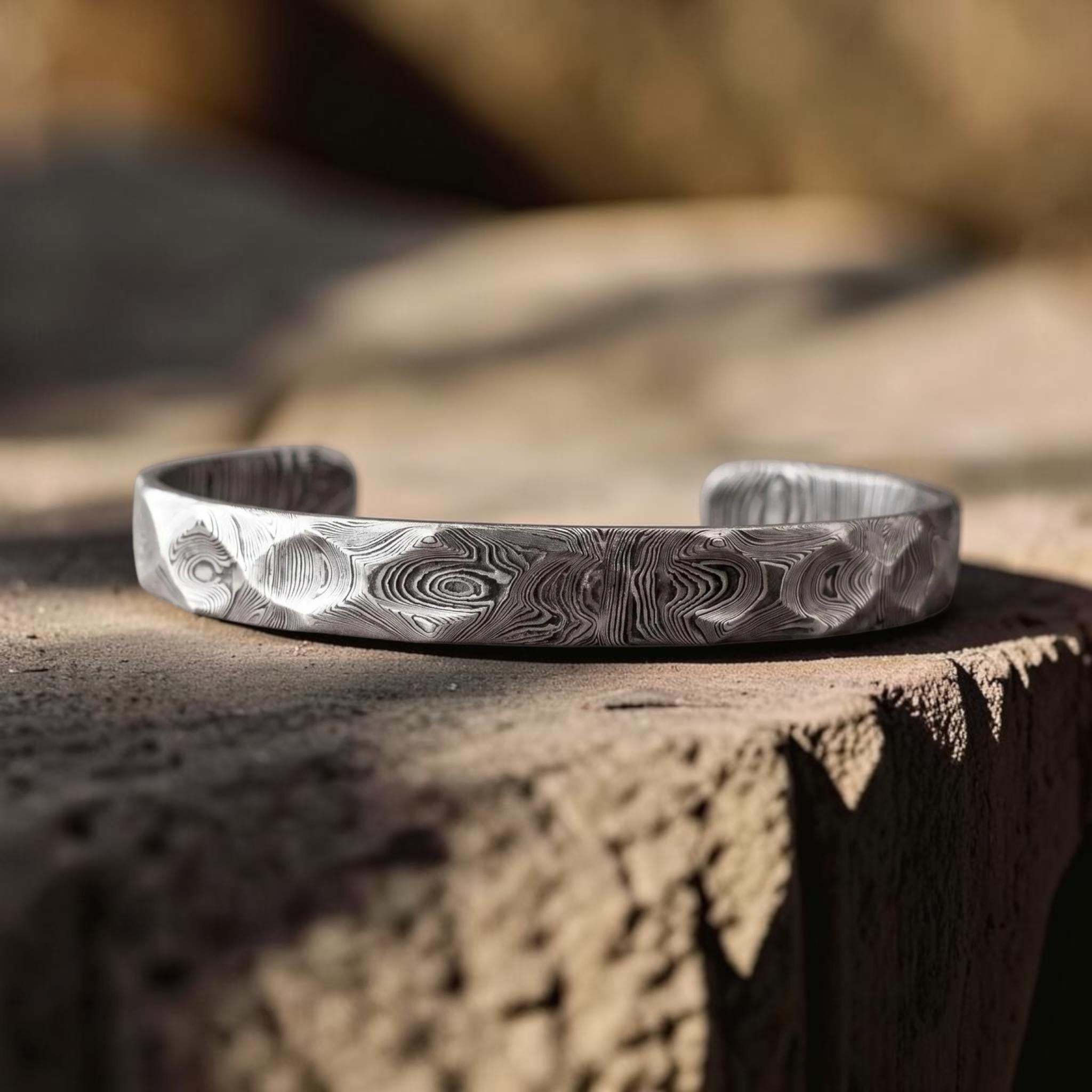 Viking Bracelet - Hand Forged Damascus Steel Cuff Bracelet with Copper Inlay Viking Bangle, Modern
