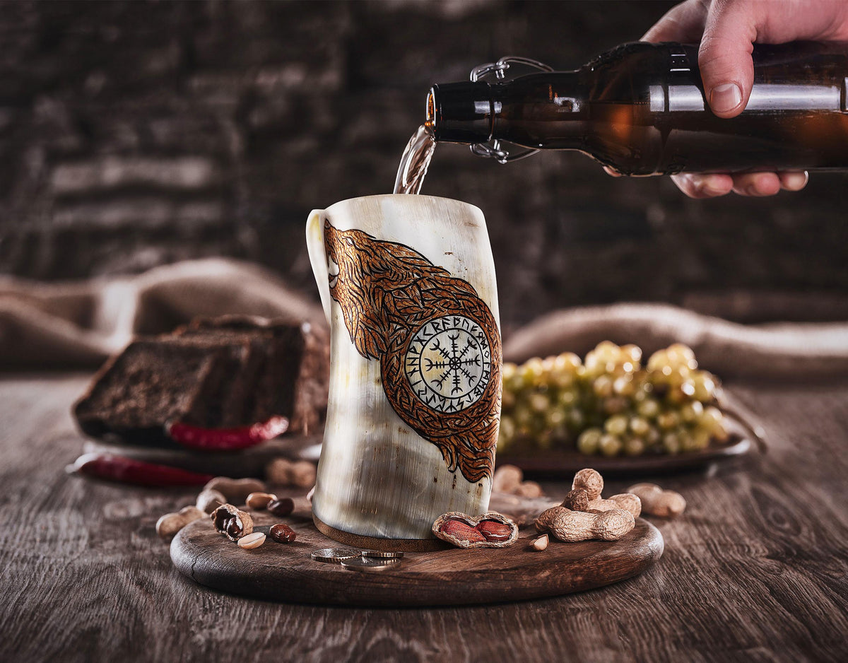 Viking Mug - Viking Drinking Horn with Fitted Stand & Genuine Leather Belt Holster - Multiple Sizes