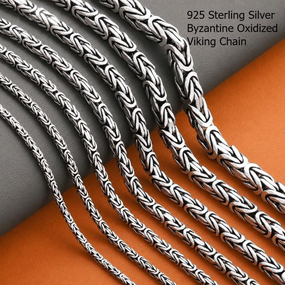 Viking Necklace - Oxidized Silver Square Byzantine Chain Necklace, 925 Sterling Silver Viking