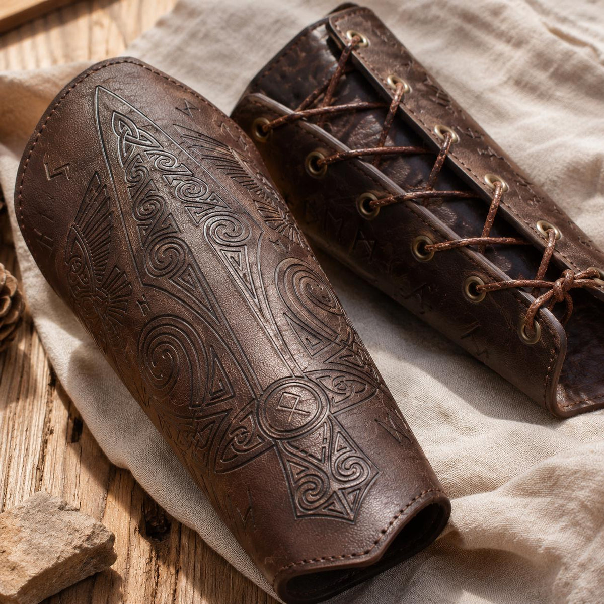 Viking Costume & LARP - 2pc Viking Fur Trim Bracers, Real Rabbit Fur Medieval Leather Arm Warmers