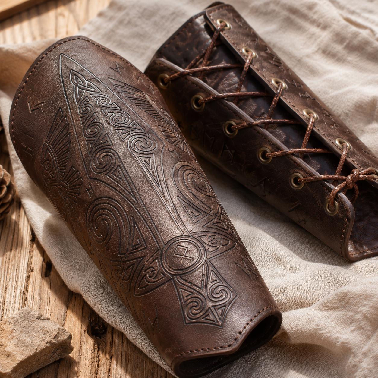 Viking Costume & LARP - 2pc Viking Fur Trim Bracers, Real Rabbit Fur Medieval Leather Arm Warmers