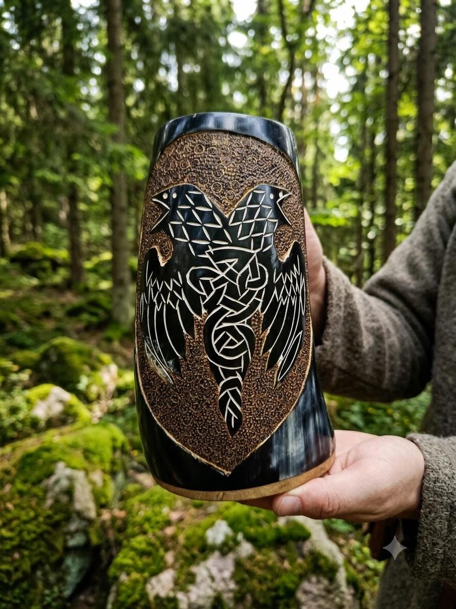 Viking Odin Mug - Hand Carved Viking Horn Mug, Norse Odin Tankard, Medieval Mead Cup (500-650ml)